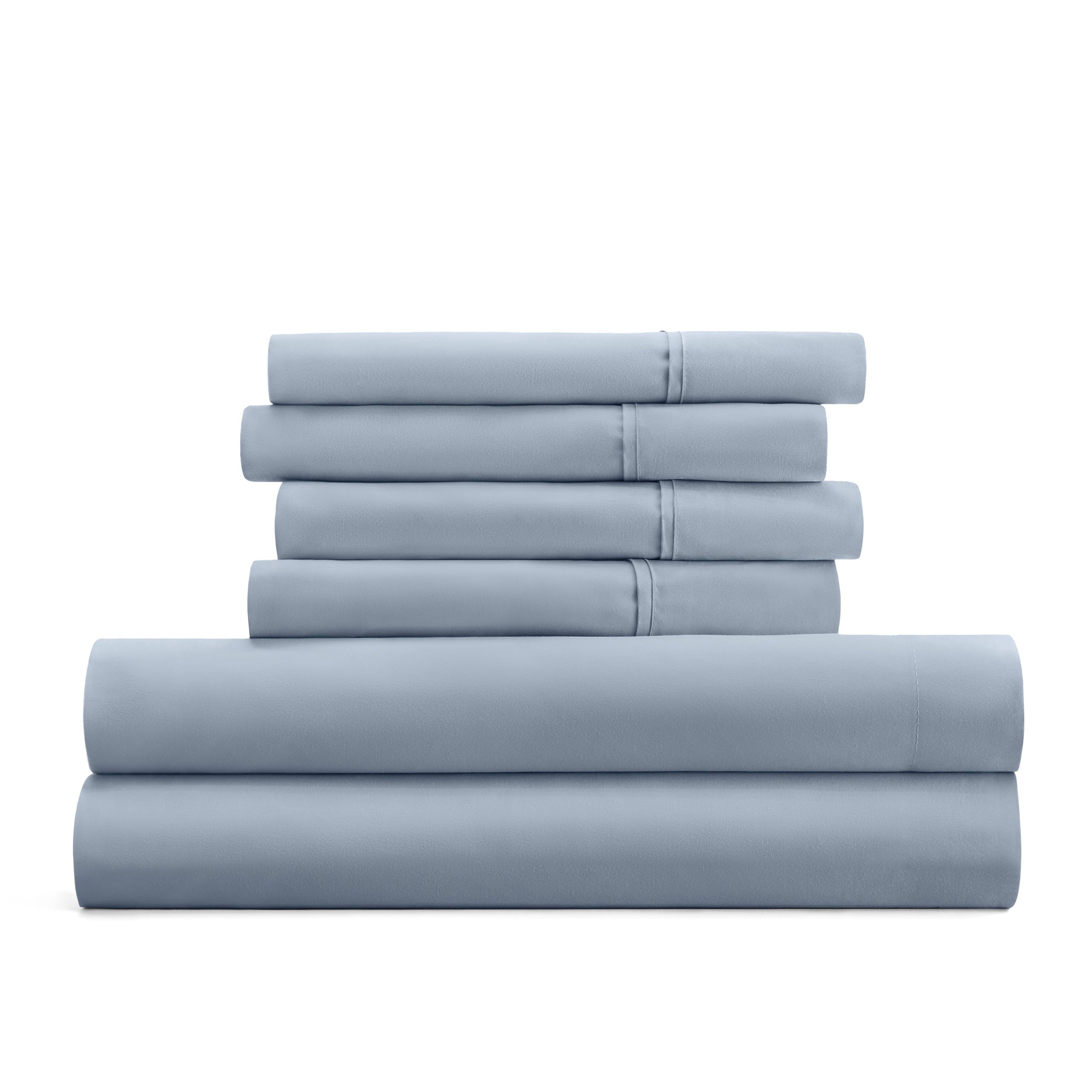 Cooling Sateen Queen, Light Blue Solid Microfiber 6 Piece Bed Sheet Set - Cooling Hotel Quality Bedding Sheets and Pillowcases Detail