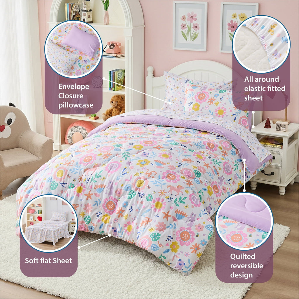 Luxurious Quilted Floral Comforter Set, Soft Microfiber Flower Bedding Set, 5 Pieces with Comforter, Sheets and Pillowcases, Twin - All-Season Down Alternative Comforter Insert Detail