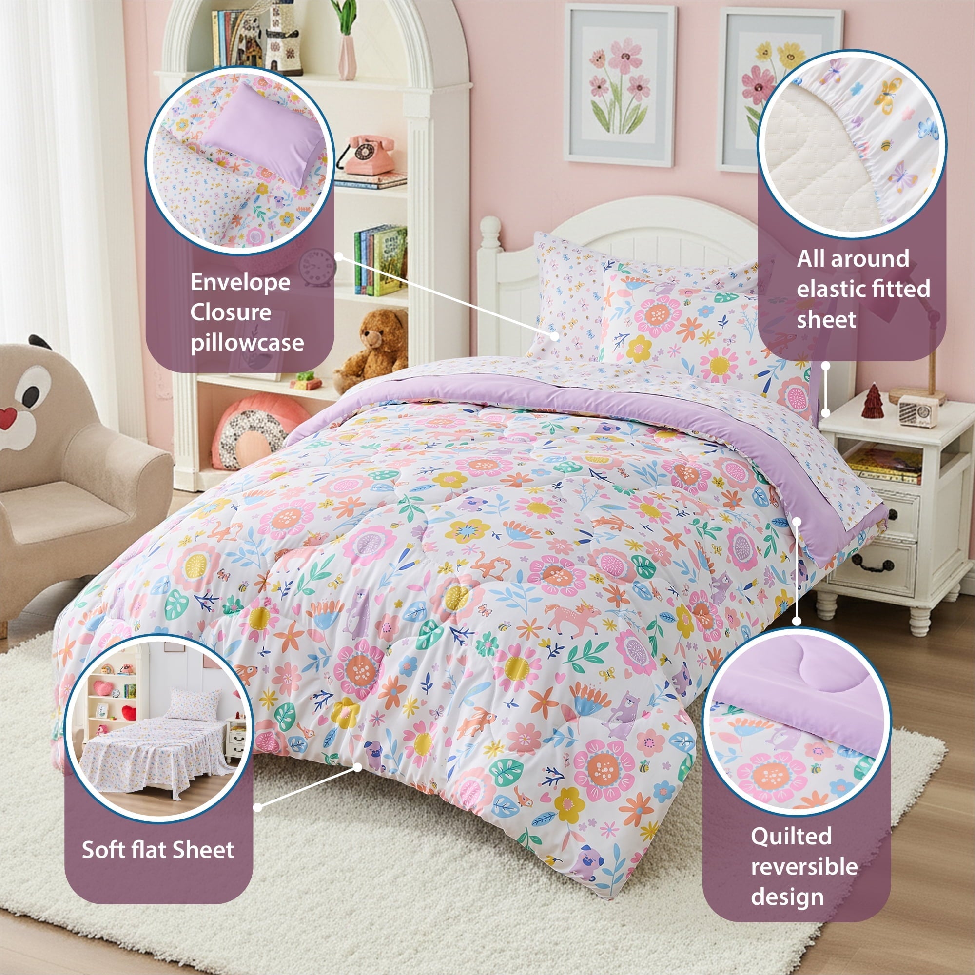 Luxurious Quilted Floral Comforter Set, Soft Microfiber Flower Bedding Set, 5 Pieces with Comforter, Sheets and Pillowcases, Twin - All-Season Down Alternative Comforter Insert Detail