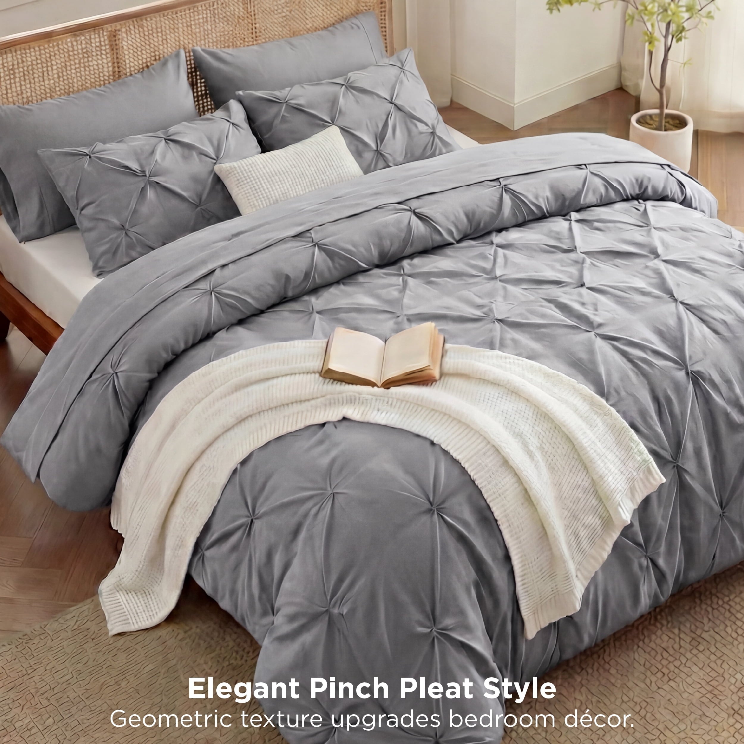 Fluffy Down Alternative Queen Comforter Set Grey, Bed in a Bag Queen Size Bedding, 7 Pieces Pinch Pleat All Season Comforter - Luxurious Quilted Duvet Cover Set Detail