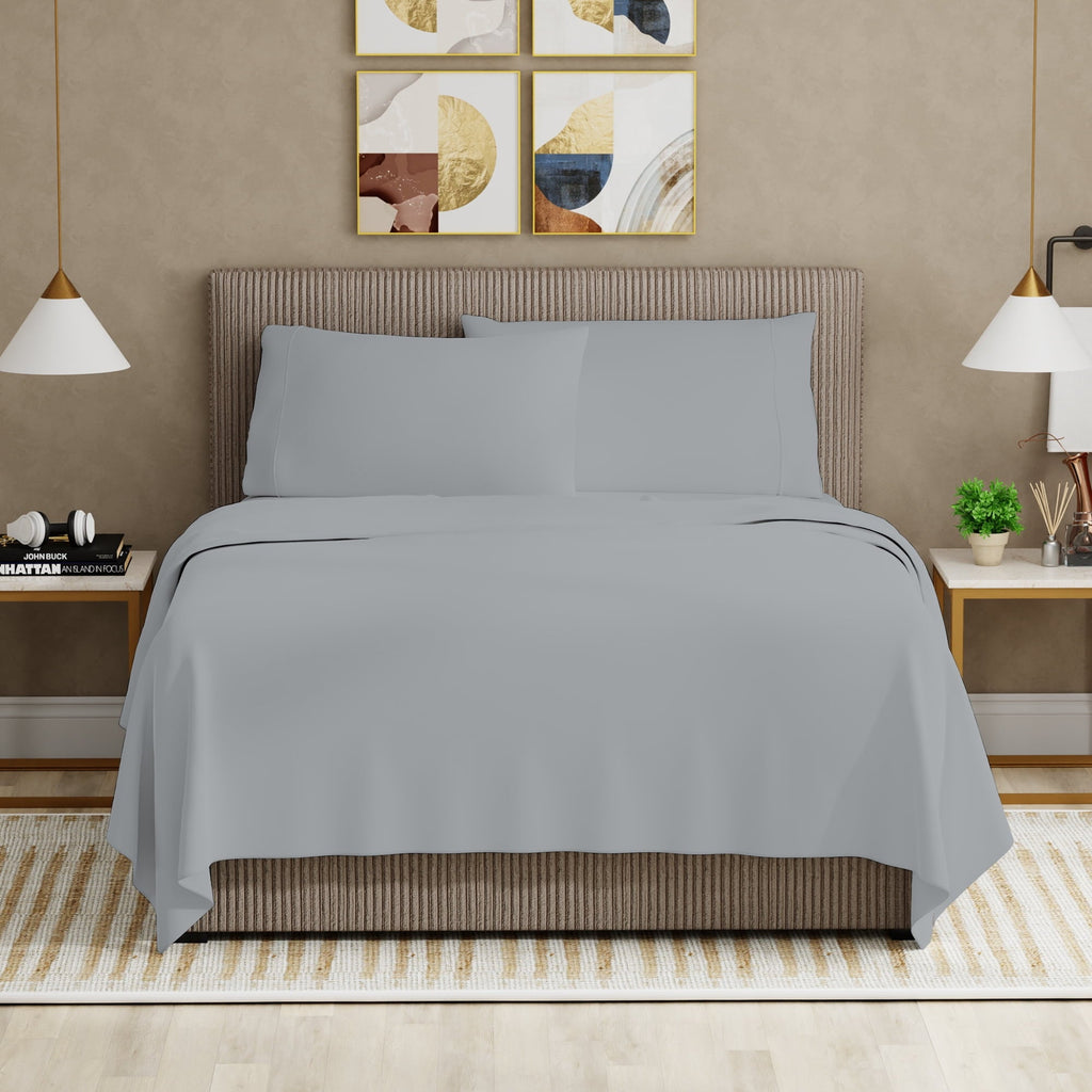 Breathable Luxury Soft Finish Microfiber Percale Queen Bed Sheet Set – 4-Piece Lightweight, Wrinkle-Resistant, Quick-Dry, Light Gray - Cooling Hotel Quality Bedding Sheets and Pillowcases Detail