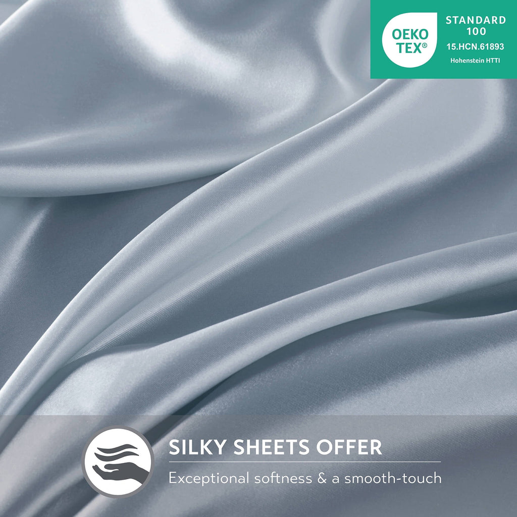 Cooling Sateen Satin Sheet Set, Twin Bed Sheets with Pillowcases, 4-Piece Luxury Silky Sheet Set, Blue, Gifts for Women - Luxury Bed Sheet Set with Deep Pockets Detail