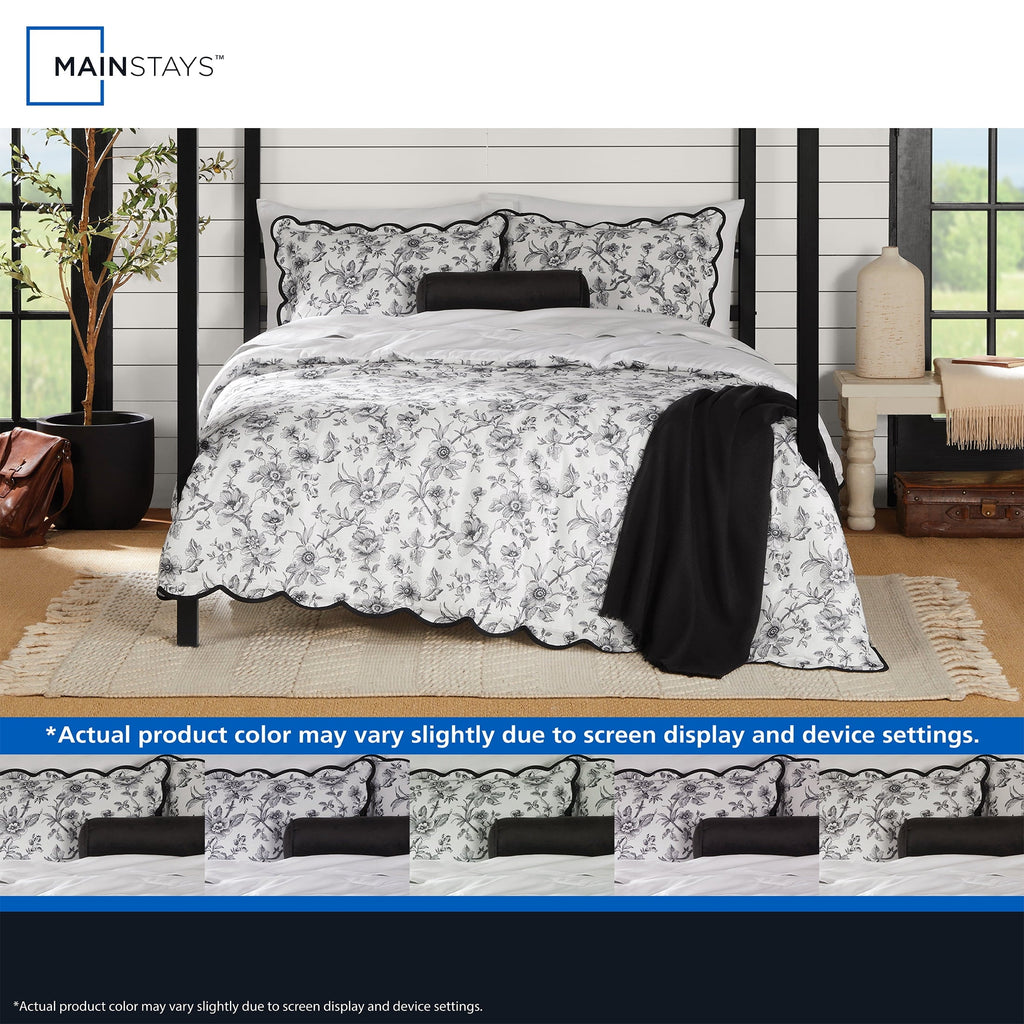 All-Season Floral Scallop 4-Piece White/Black Comforter Set, Twin/Twin XL - All-Season Down Alternative Comforter Insert Detail