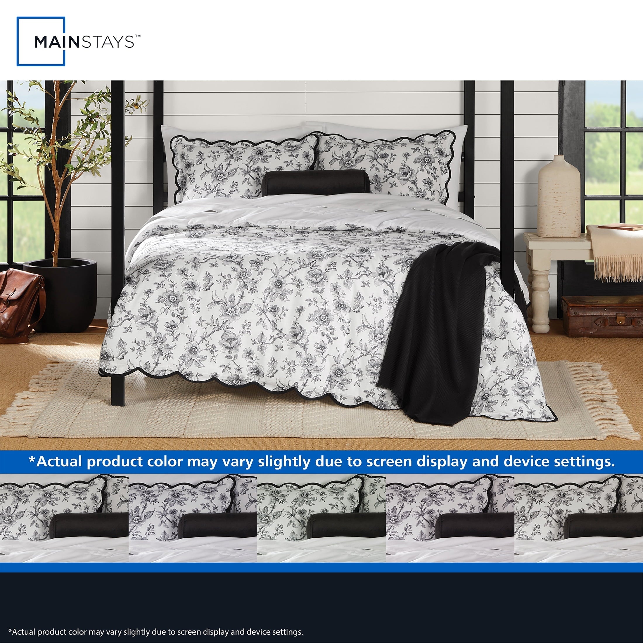 All-Season Floral Scallop 4-Piece White/Black Comforter Set, Twin/Twin XL - All-Season Down Alternative Comforter Insert Detail