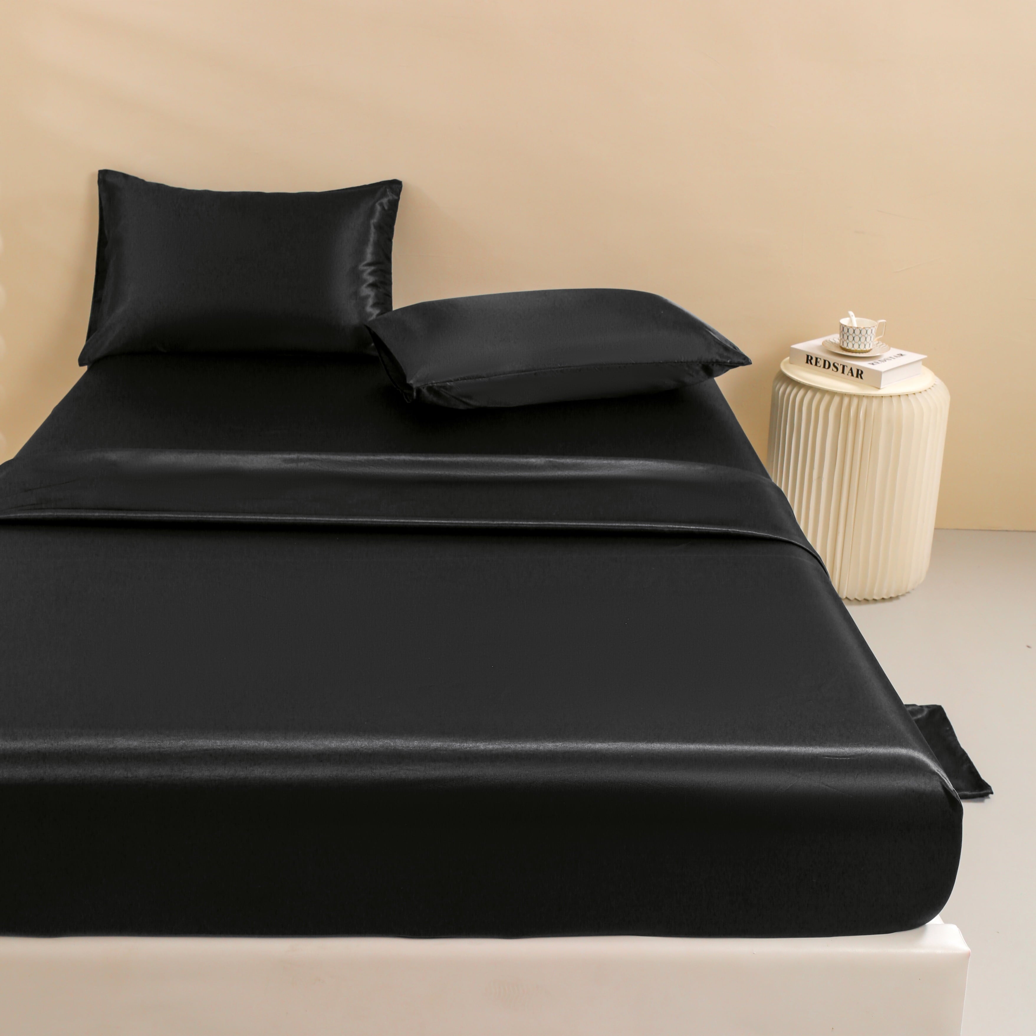 Premium Egyptian Cotton 4Pcs Black Satin Sheets Queen Set Silk Sheets 13" Deep Pocket Ultra Soft silky Bed Sheet Set - Premium Ultra-Soft Pillowcase Pair for Sleeping Detail