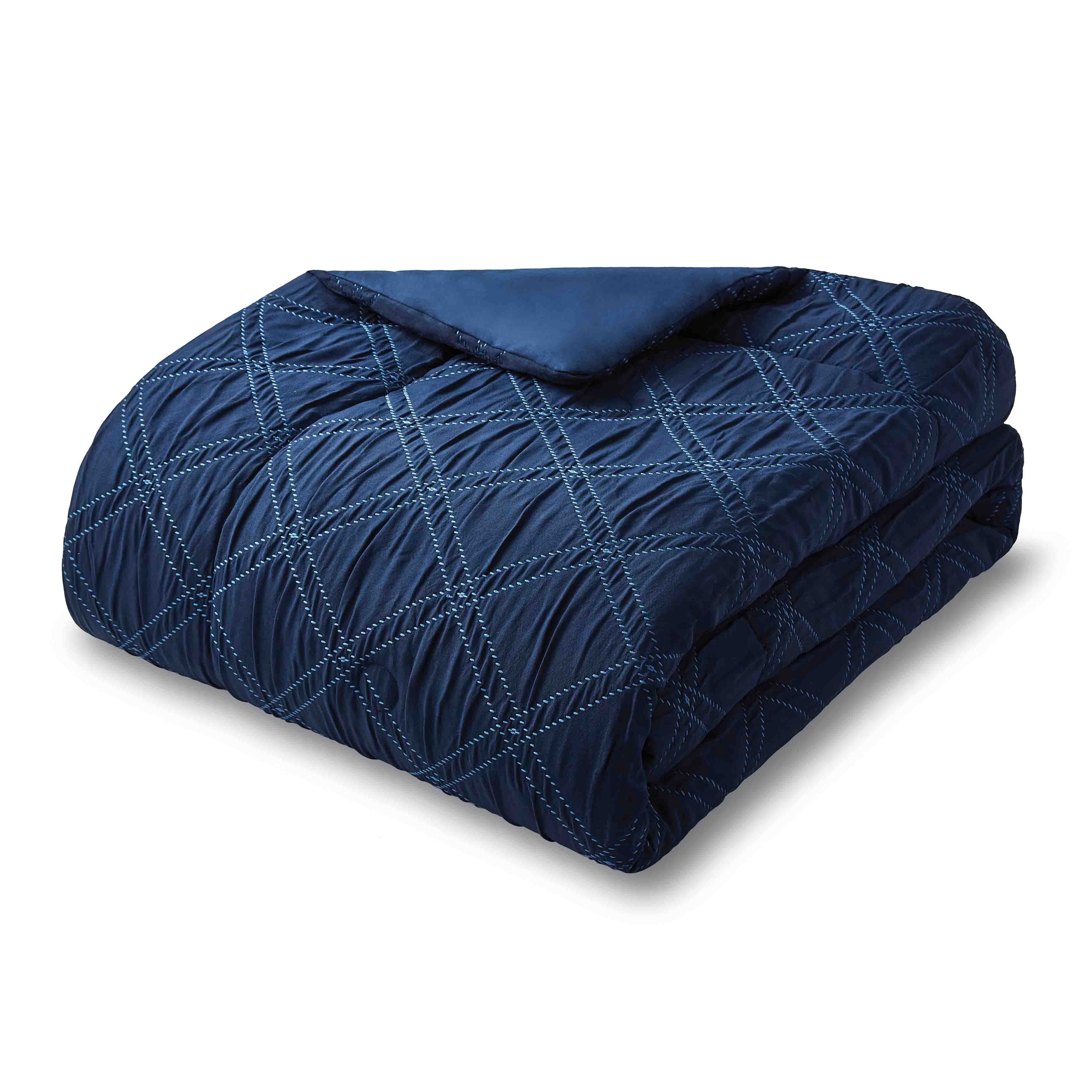 Luxurious Quilted 5-Piece Reversible Comforter Set Navy Cross Stitch Bedding with Decor Pillow and Throw, Full/Queen - Cloud-Like Soft Lightweight Bed Comforter Detail