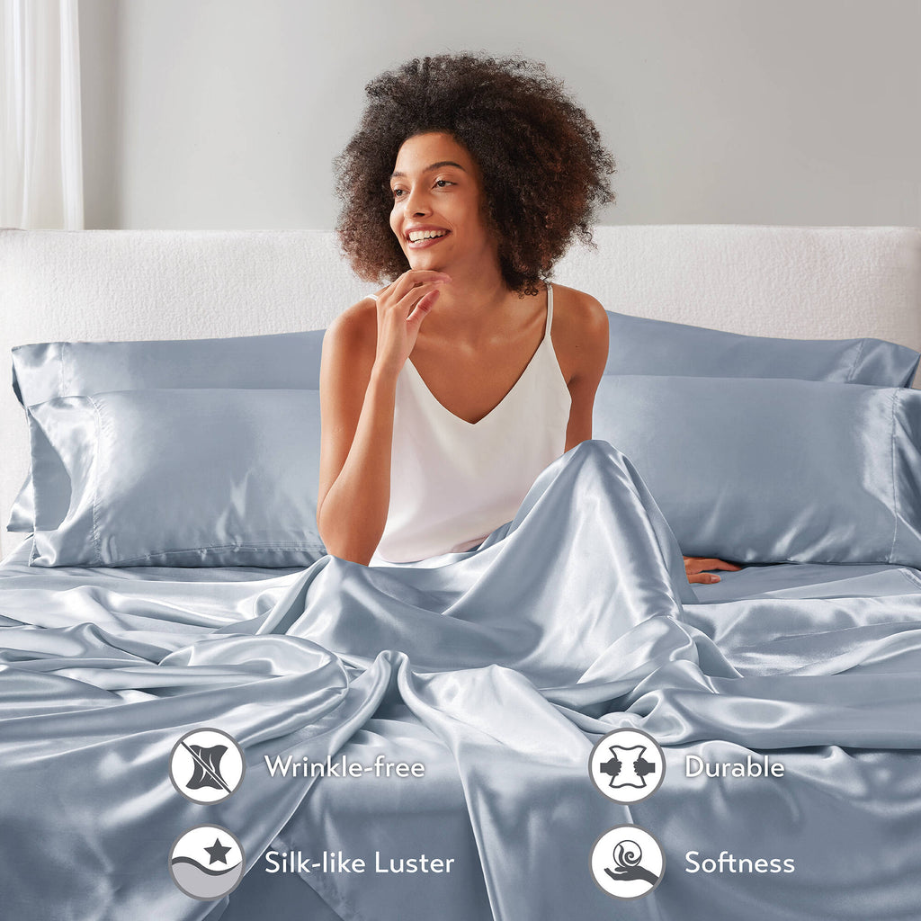 Cooling Sateen Satin Sheet Set, Twin Bed Sheets with Pillowcases, 4-Piece Luxury Silky Sheet Set, Blue, Gifts for Women - Luxury Bed Sheet Set with Deep Pockets Detail