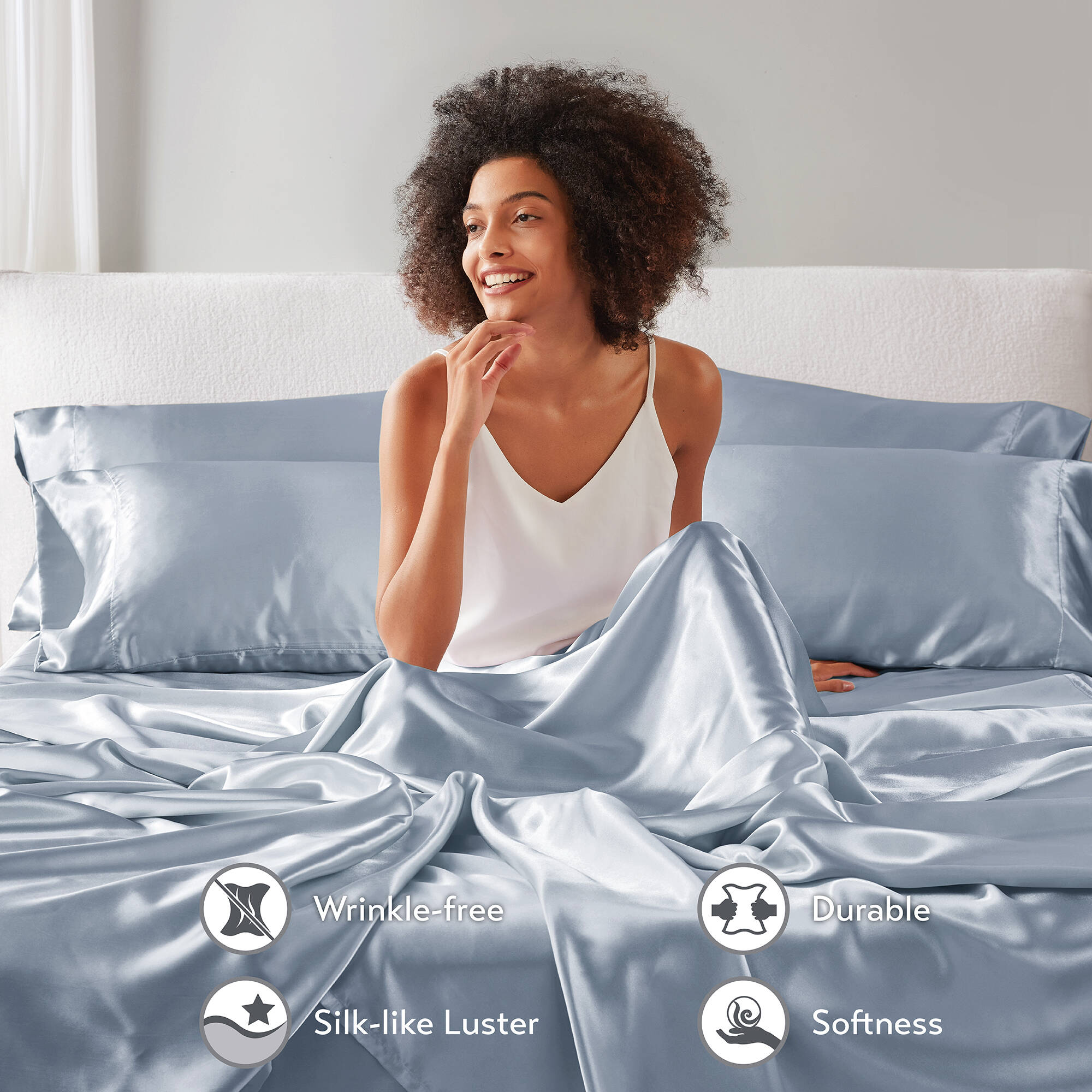 Cooling Sateen Satin Sheet Set, Twin Bed Sheets with Pillowcases, 4-Piece Luxury Silky Sheet Set, Blue, Gifts for Women - Luxury Bed Sheet Set with Deep Pockets Detail