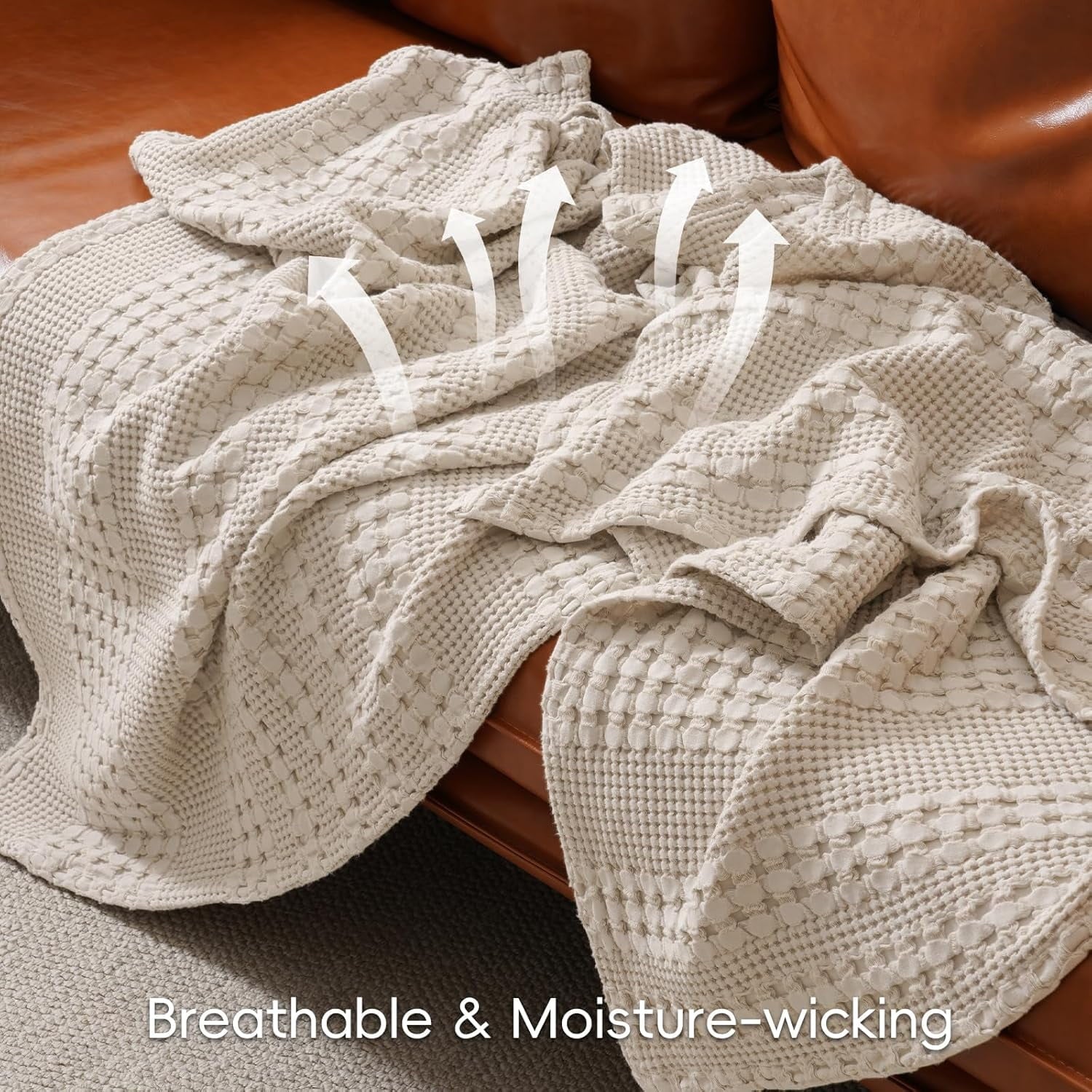 Super Soft Flannel 100% Cotton Waffle Weave Blanket, Lightweight Throw Washed Blanket for Bed Sofa Home Decor, Oatmeal, 50"x60" - Luxury Knitted Decorative Throw Blanket with Fringes Detail