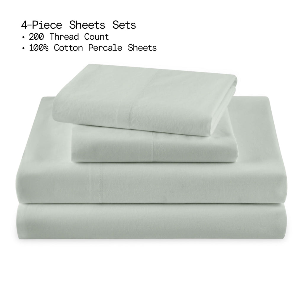 Ultra-Soft Solid 4-Piece 100% Cotton Washed Percale Sage Green Sheet Set, Full - Luxury Bed Sheet Set with Deep Pockets Detail