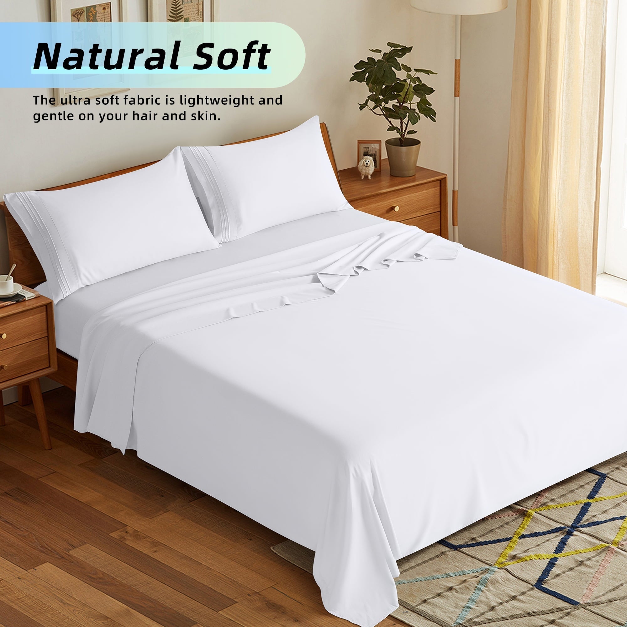 Wrinkle-Resistant Bed Sheets Set, Microfiber Deep Pocket 4 Pieces Luxury Soft Sheet Set, Queen, White - Cooling Hotel Quality Bedding Sheets and Pillowcases Detail