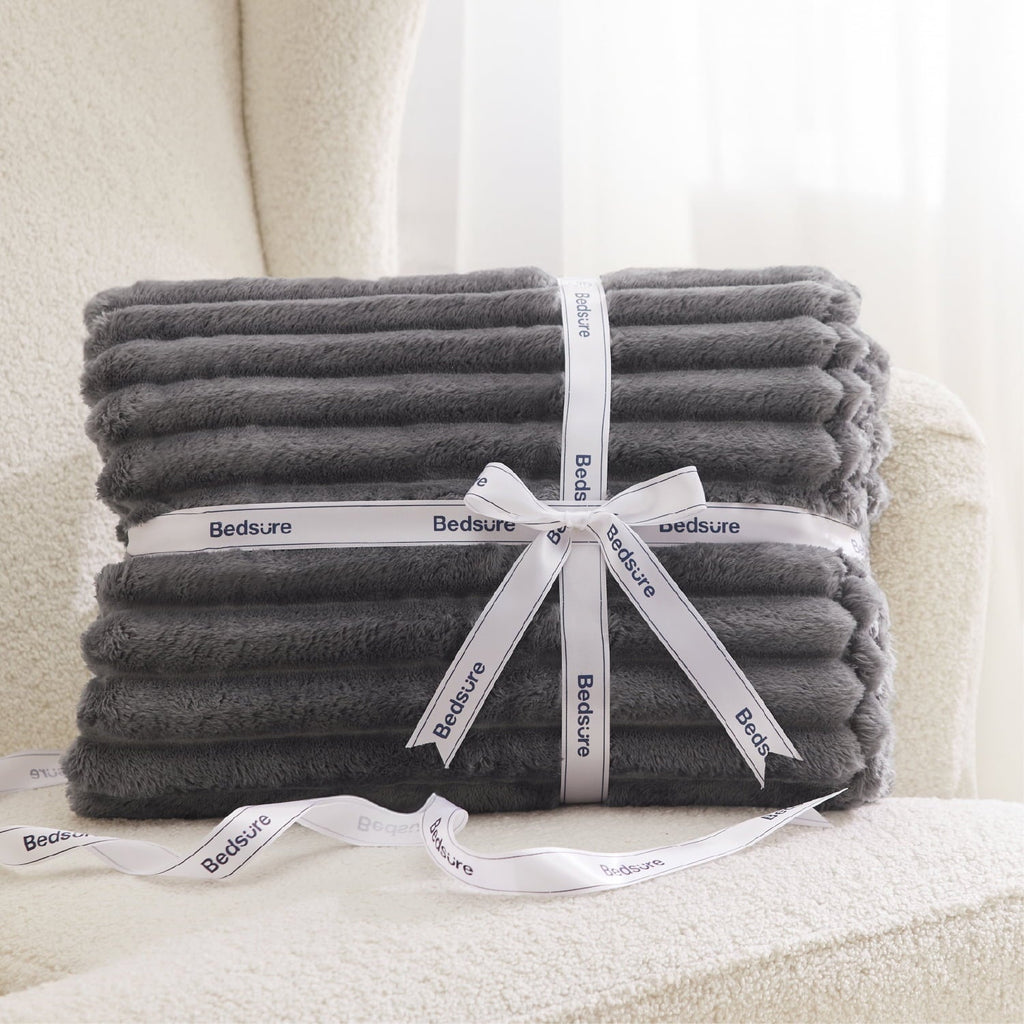 Reversible Sherpa Grey Fleece Throw Blanket for Couch - Super Soft Cozy Blankets for Women, Girls, 50x60 inches - Luxury Knitted Decorative Throw Blanket with Fringes Detail