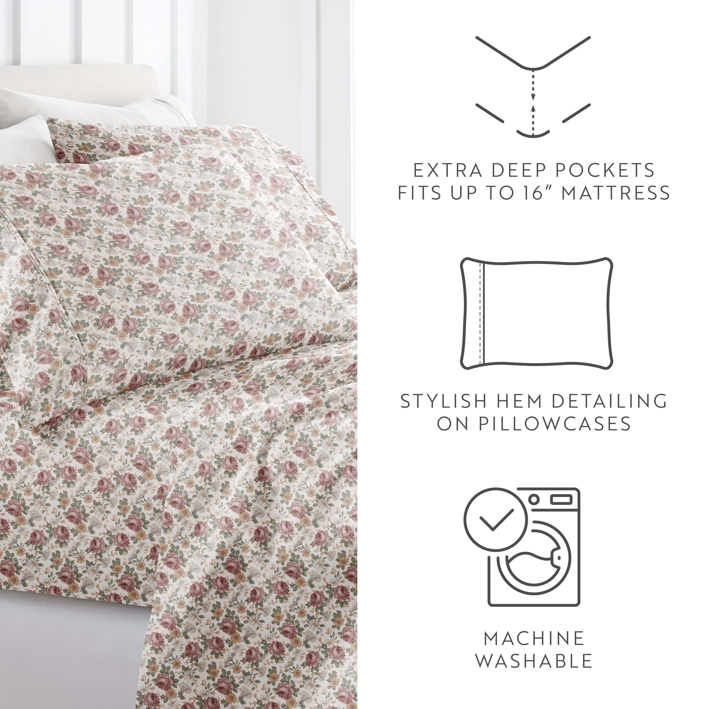 Premium Egyptian Cotton 4 Piece Pattern Microfiber Bed Sheets Set, Blooming Floral Rose, Queen - Luxury Bed Sheet Set with Deep Pockets Detail