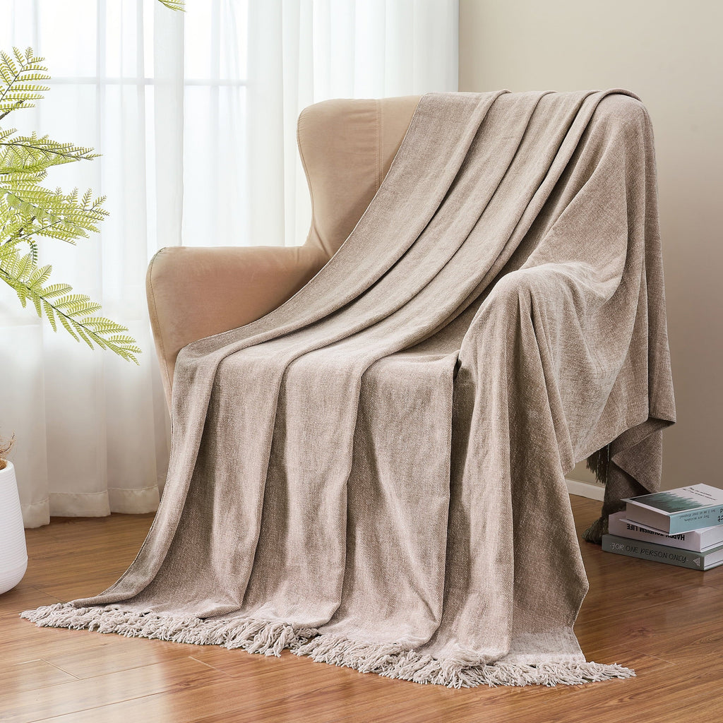 Lightweight Warm Chenille Throw Blanket with Fringe Tassel for Couch Sofa Chair Bed, Taupe 50" X 60" - Super Soft Reversible Sherpa Flannel Blanket Detail