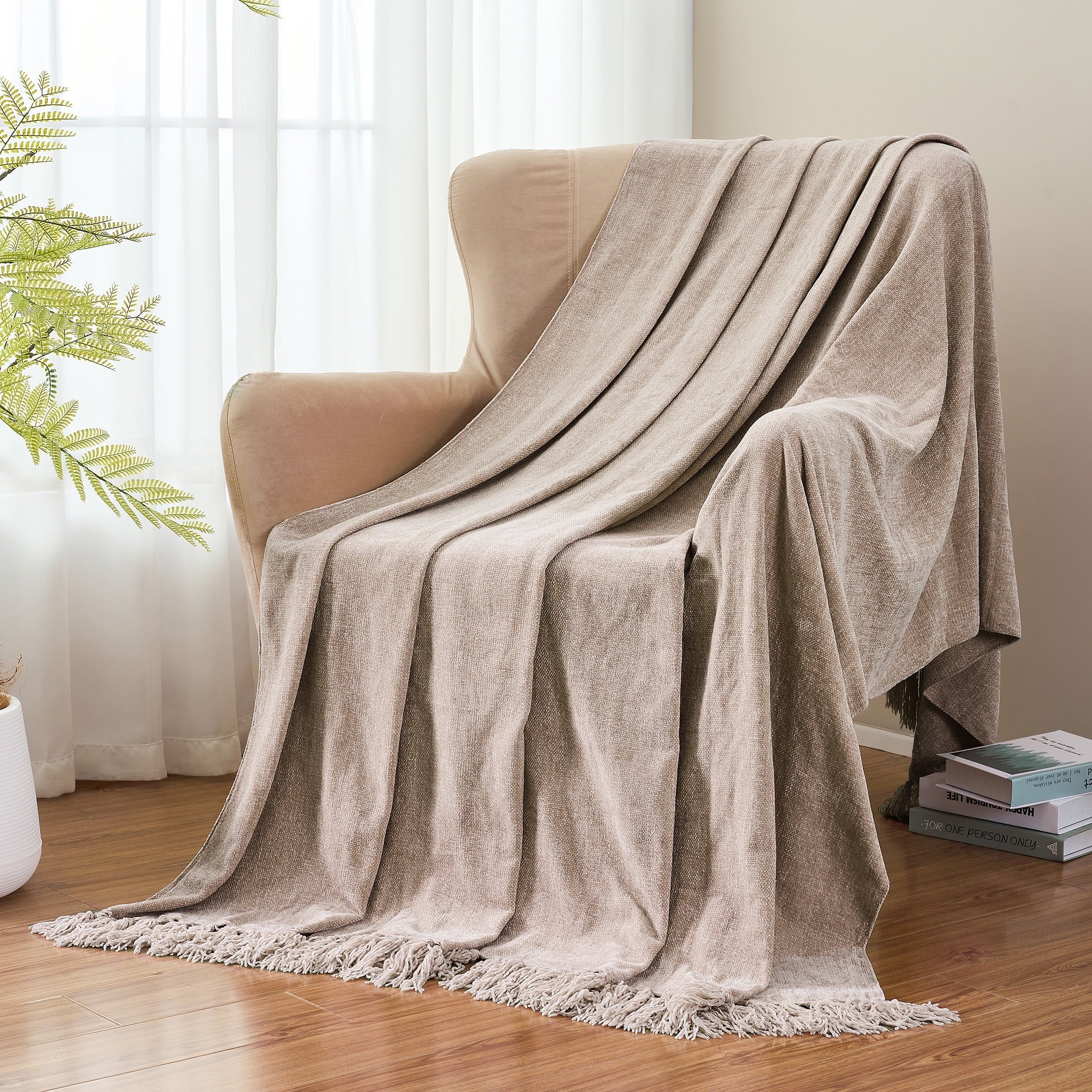 Lightweight Warm Chenille Throw Blanket with Fringe Tassel for Couch Sofa Chair Bed, Taupe 50" X 60" - Super Soft Reversible Sherpa Flannel Blanket Detail