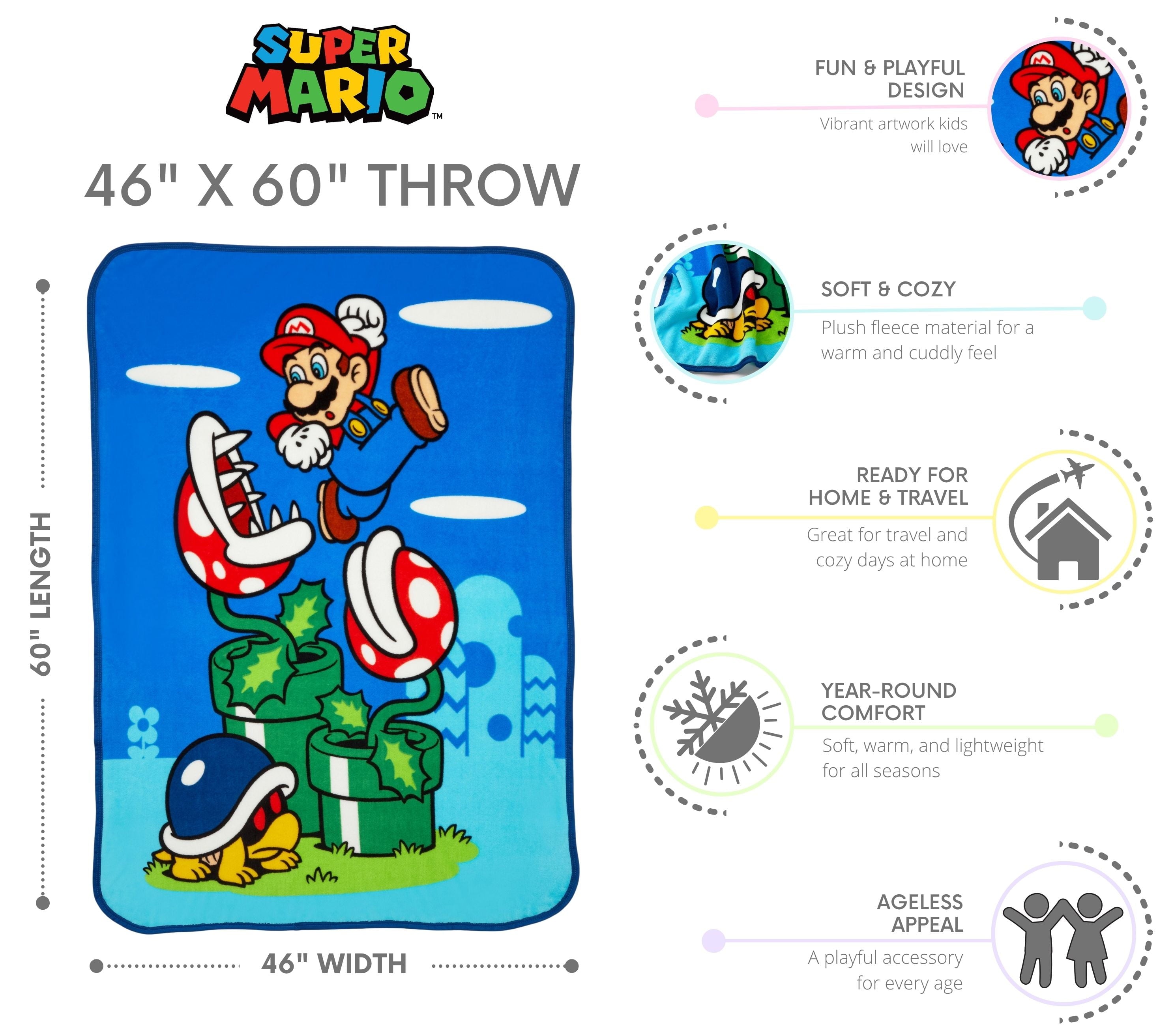 Super Soft Flannel Kids Fleece Throw Blanket 46x60, Nintendo - Luxury Knitted Decorative Throw Blanket with Fringes Detail