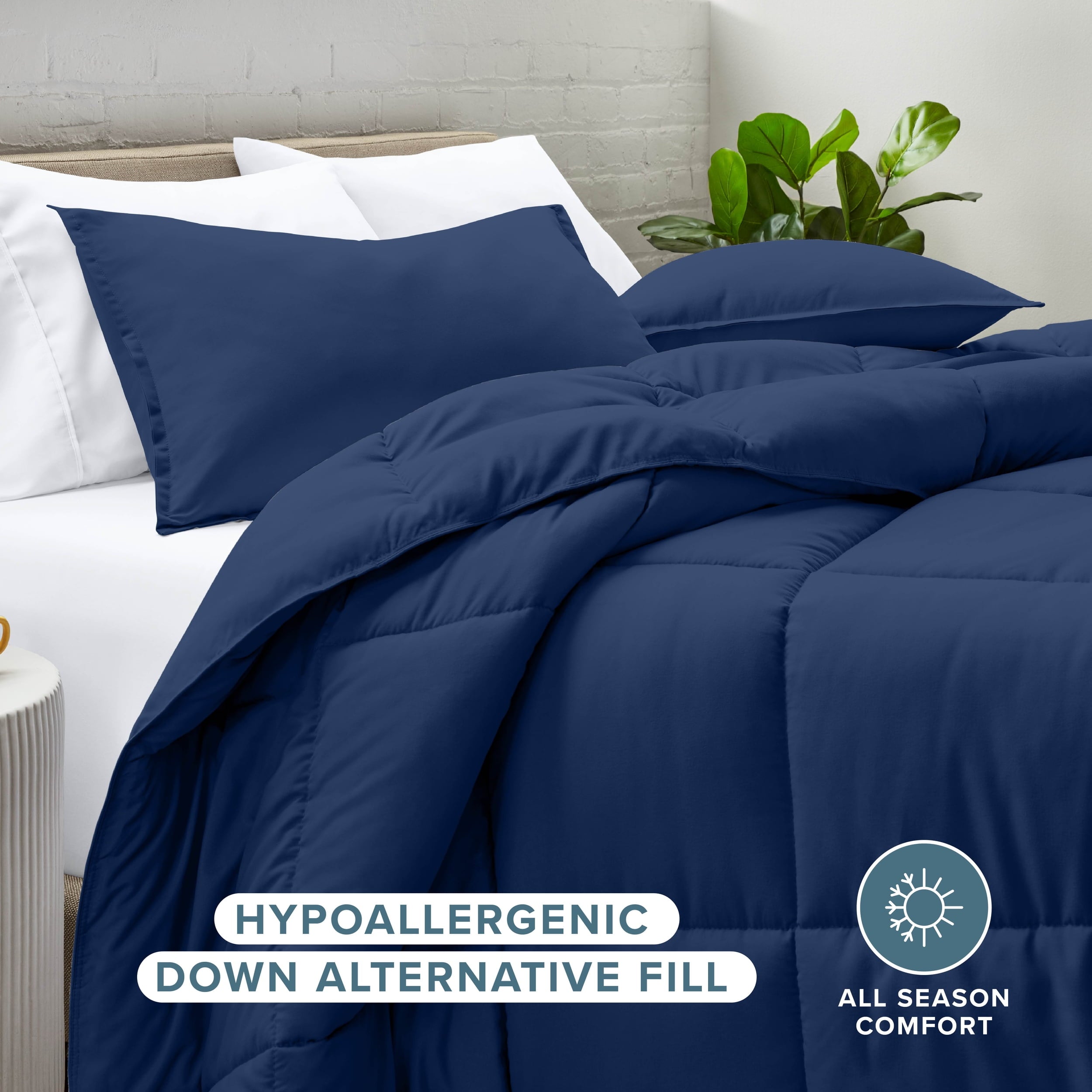 All-Season Down Alternative Comforter Set - 3-Pieces - All Seasons - Queen, Dark Blue - Luxurious Quilted Duvet Cover Set Detail
