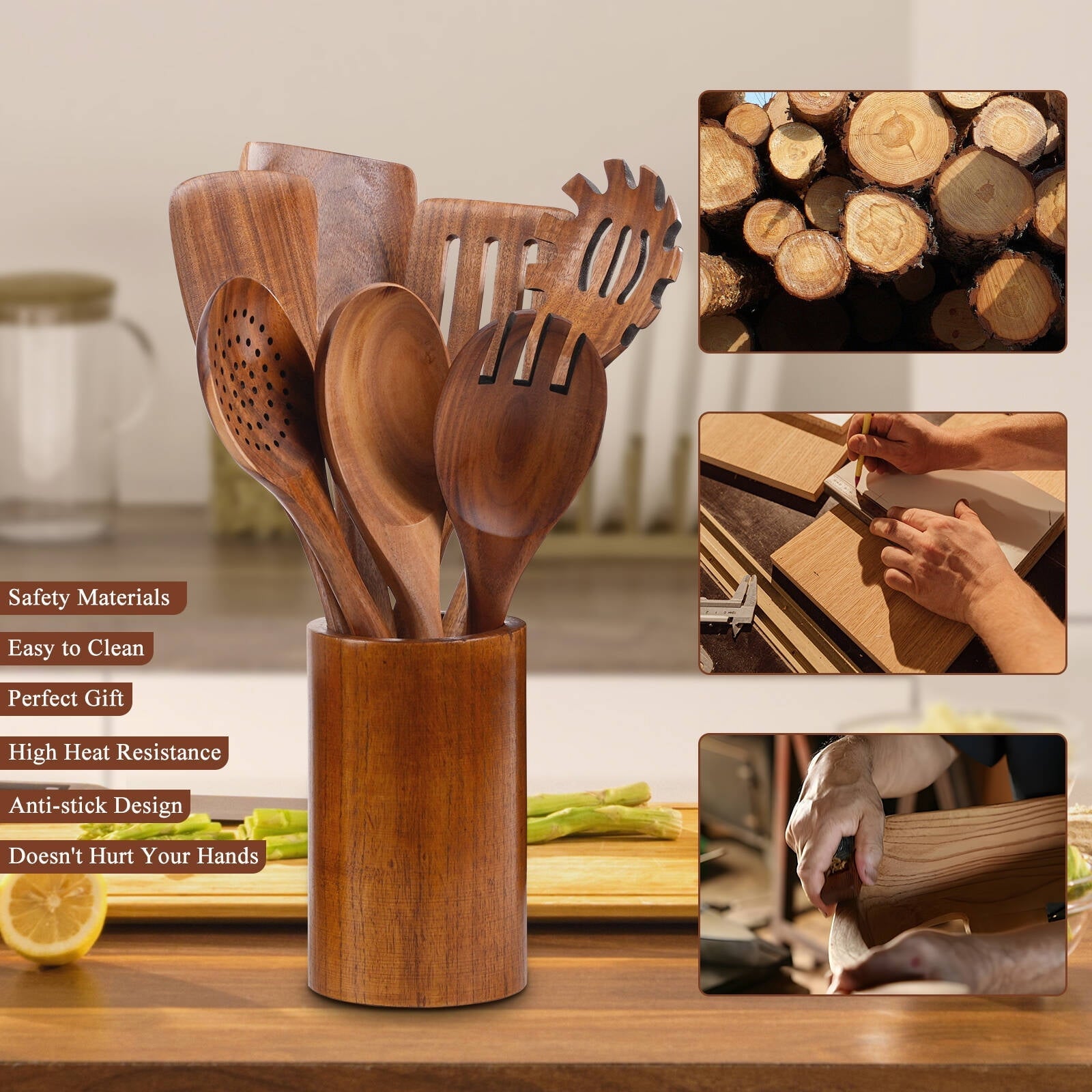Non-Stick Safe Wooden Spoons for Cooking, 8 Pcs Natural Wooden Utensil for Cooking with Non-Stick, Heat Resistant, Wood... - Premium Stainless Steel Cooking Utensil for Non-Stick Pots Detail