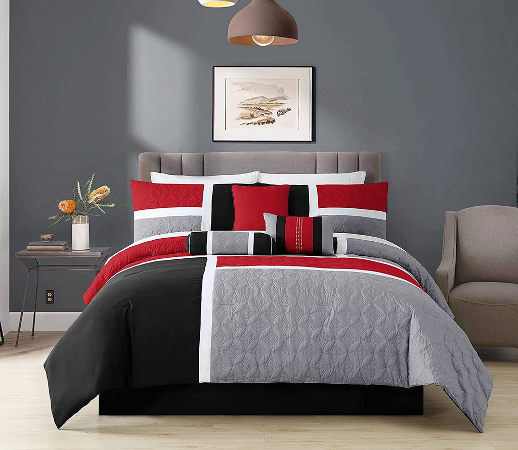 Hypoallergenic Cloud 7-Piece Medallion Patchwork Comforter Set, Full, Red/Gray/Black - Luxurious Quilted Duvet Cover Set Detail