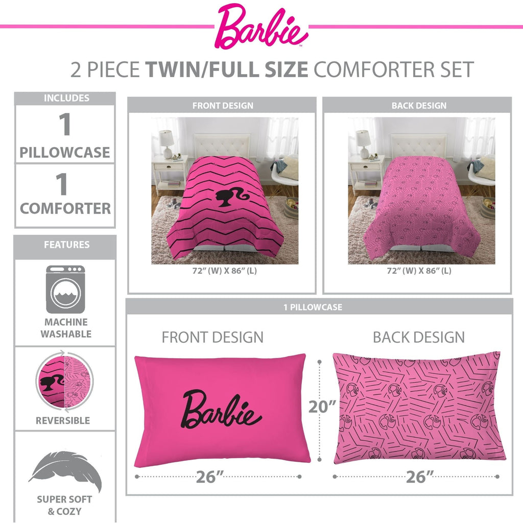 All-Season Kids 2 Piece Pink Black Chevron Reversible Comforter and Pillowcase set, Twin/full - Luxurious Quilted Duvet Cover Set Detail