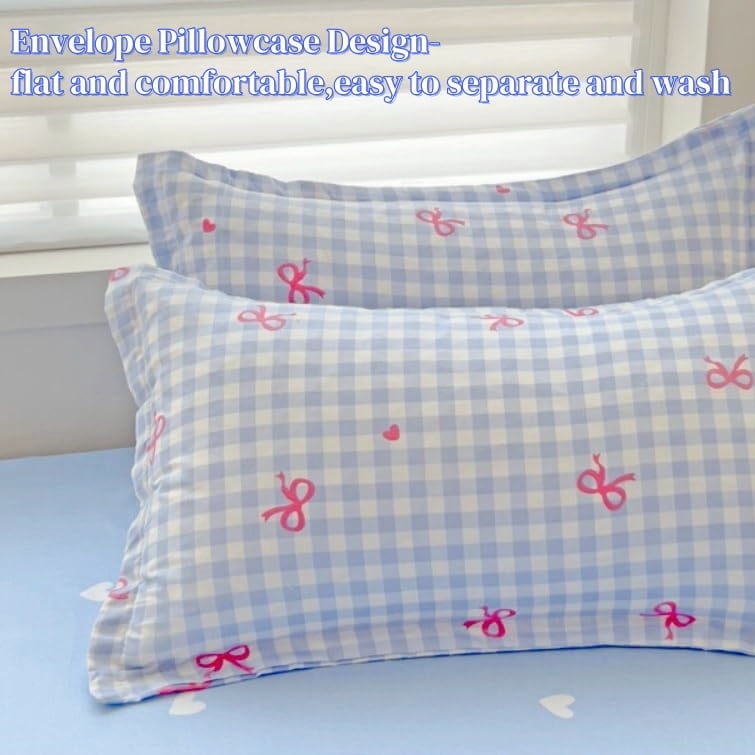 Fluffy Down Alternative 3-Piece Blue Plaid Pink Bows Comforter Full Set , Cute Soft Bedding Set for Kids Adults - Hypoallergenic Ultra-Fluffy Quilt for Winter Detail