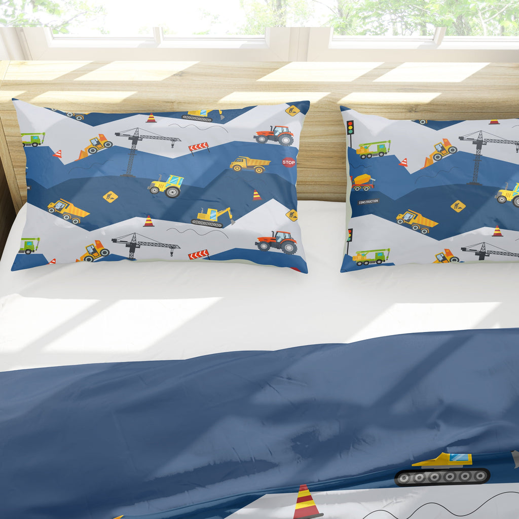 Fluffy Down Alternative Car Comforter Set Construction Bedding Set for Boys Kids Trucks Comforter Cartoon Car Excavator Tractor Blue 3Pcs Twin - Cloud-Like Soft Lightweight Bed Comforter Detail