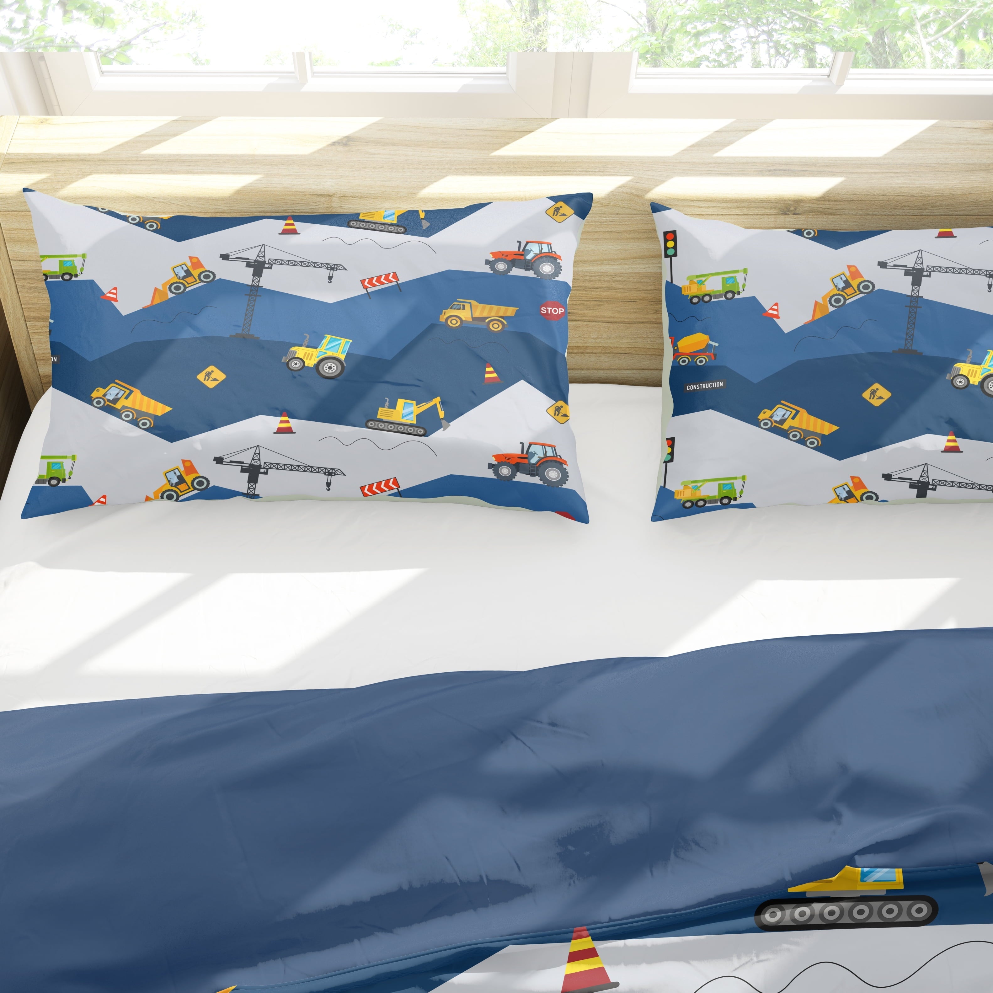 Fluffy Down Alternative Car Comforter Set Construction Bedding Set for Boys Kids Trucks Comforter Cartoon Car Excavator Tractor Blue 3Pcs Twin - Cloud-Like Soft Lightweight Bed Comforter Detail