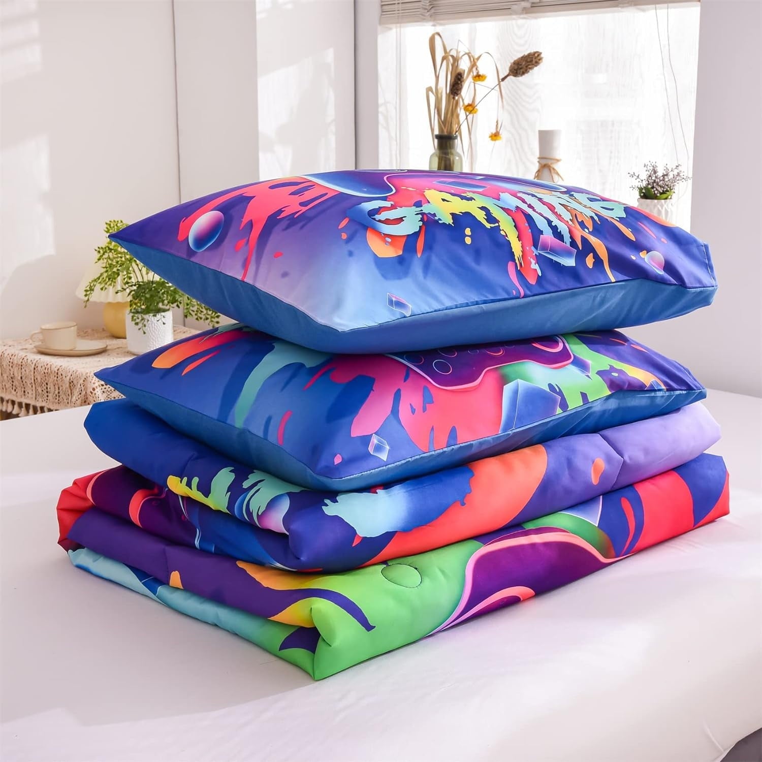 Fluffy Down Alternative Purple Queen Gaming Comforter Sets for Boys Kids Bedding Sets Colorful Games Console Gamer Quilt Set - All-Season Down Alternative Comforter Insert Detail