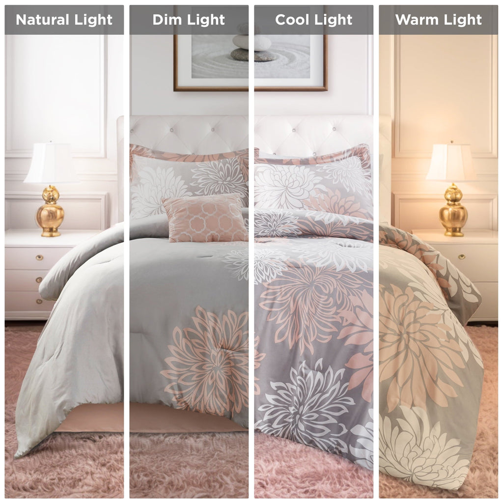 Heavyweight Warmth King Size Comforter Set, 5-Piece Floral Bedding Set for All Season, Blush Comforter Set King with Bed Skirt - Luxurious Quilted Duvet Cover Set Detail