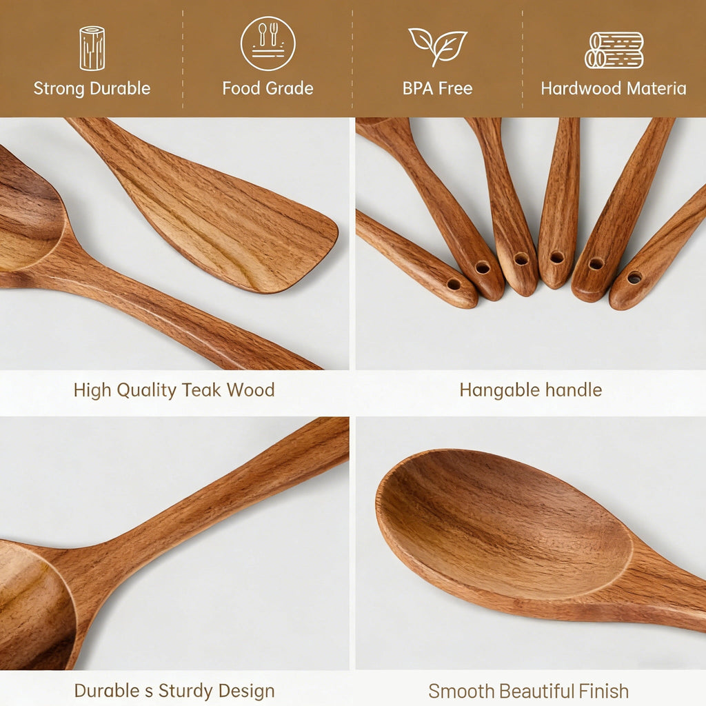 Non-Stick Safe Wooden Spoons for Cooking, 6 PCS Teak Wood Cooking Utensil Set, Wooden Kitchen Utensils for Nonstick Pans & Cookware,... - Ergonomic Kitchen Tongs and Cooking Spoon Utensil Detail