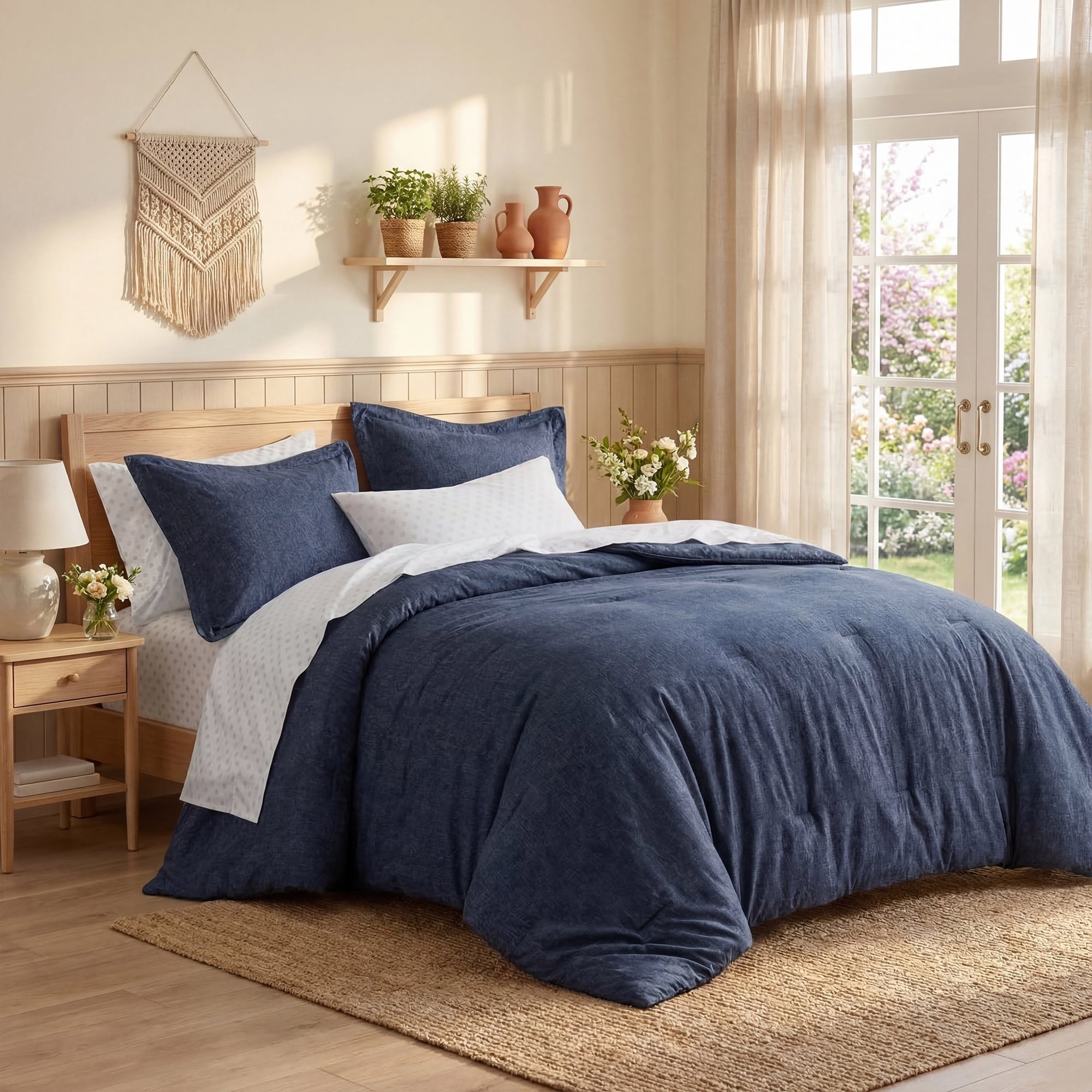 Fluffy Down Alternative Queen Size Comforter Set, 7-Piece Reversible Bed in a Bag with Sheets, Navy - All-Season Down Alternative Comforter Insert Detail
