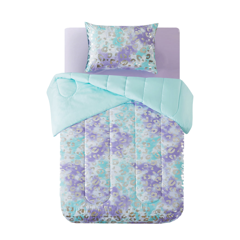 Luxurious Quilted 5-Piece Purple Metallic Foil Cheetah Bedding Set for Kids with Storage Bag, Twin - Luxurious Quilted Duvet Cover Set Detail