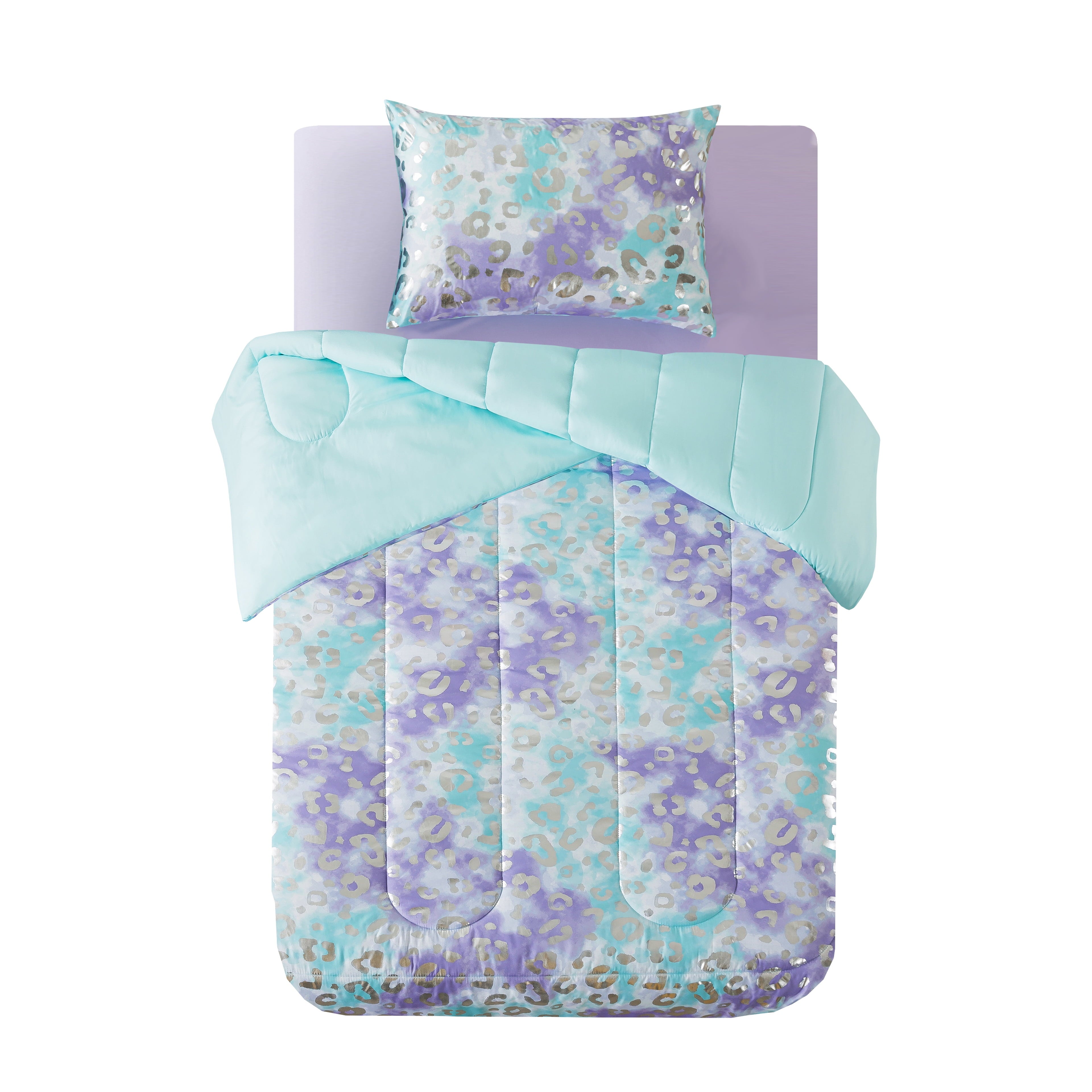 Luxurious Quilted 5-Piece Purple Metallic Foil Cheetah Bedding Set for Kids with Storage Bag, Twin - Luxurious Quilted Duvet Cover Set Detail