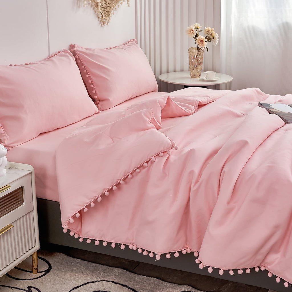 Hypoallergenic Cloud Pink Full Size Comforter Set Pom Fringe 3 Pcs Boho Chic Cute Ball Pom Blush Bedding Set Cali Soft Lightweight Solid B... - Cloud-Like Soft Lightweight Bed Comforter Detail