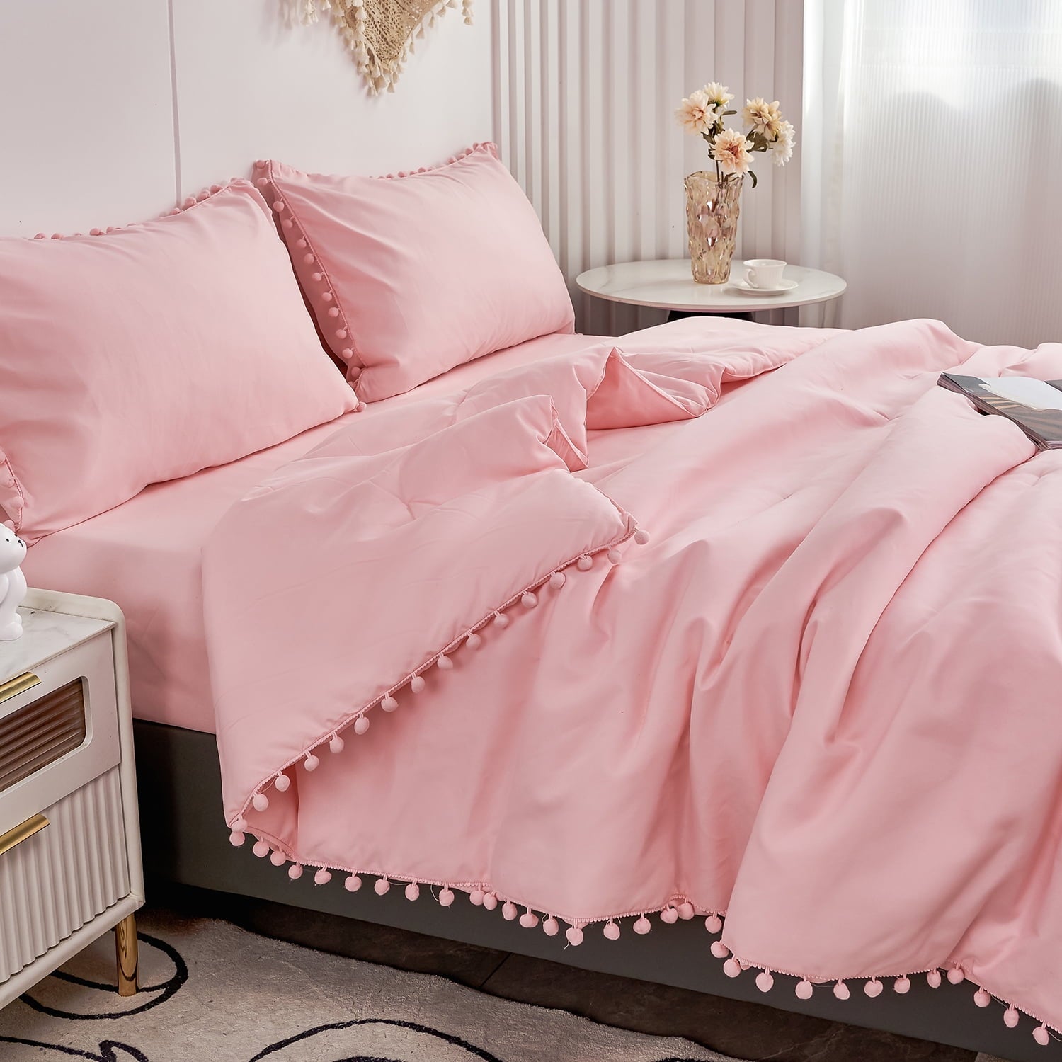 Hypoallergenic Cloud Pink Full Size Comforter Set Pom Fringe 3 Pcs Boho Chic Cute Ball Pom Blush Bedding Set Cali Soft Lightweight Solid B... - Cloud-Like Soft Lightweight Bed Comforter Detail
