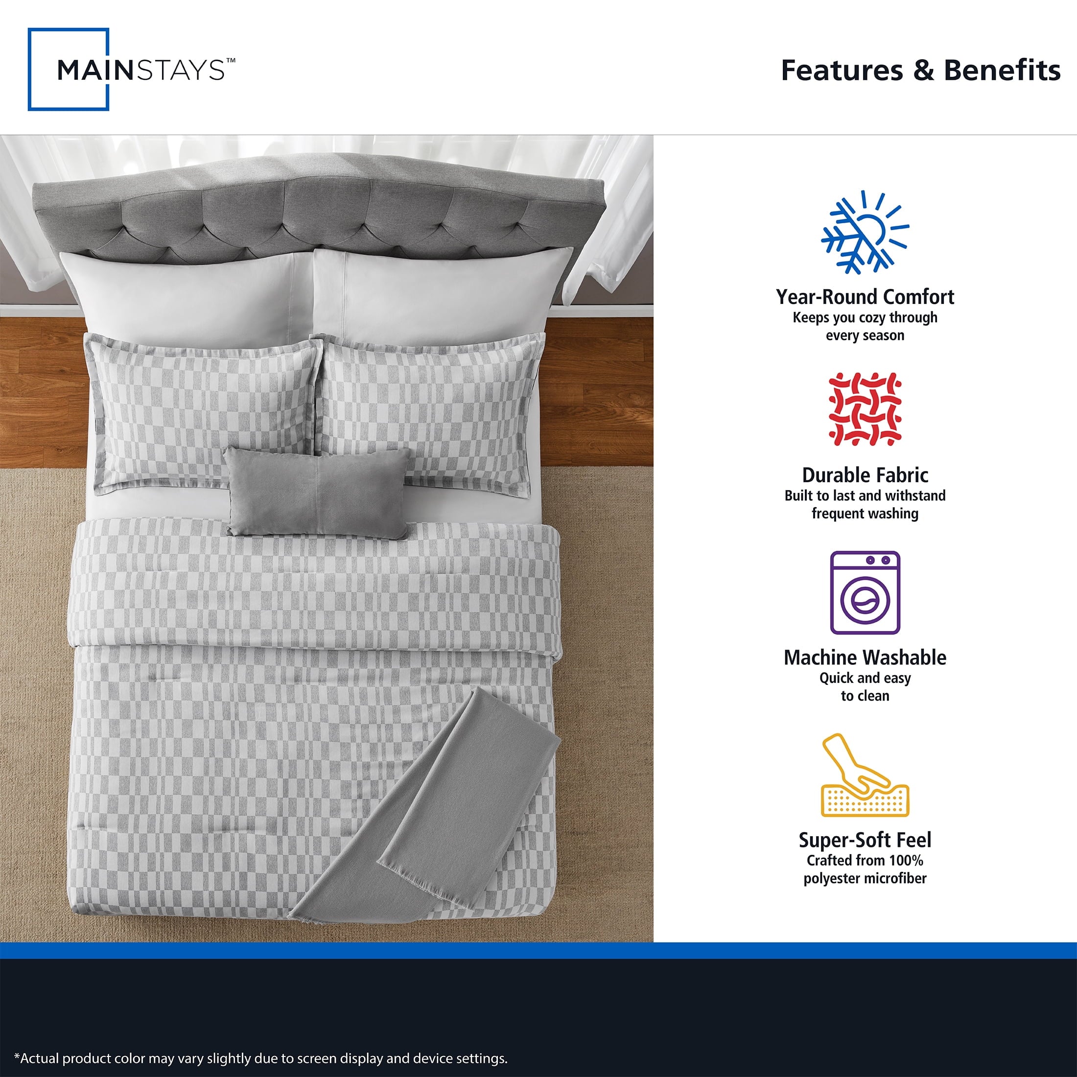 Heavyweight Warmth Full/Queen Comforter Set, All-Season, 5-Piece, Soft Silver Check - Hypoallergenic Ultra-Fluffy Quilt for Winter Detail