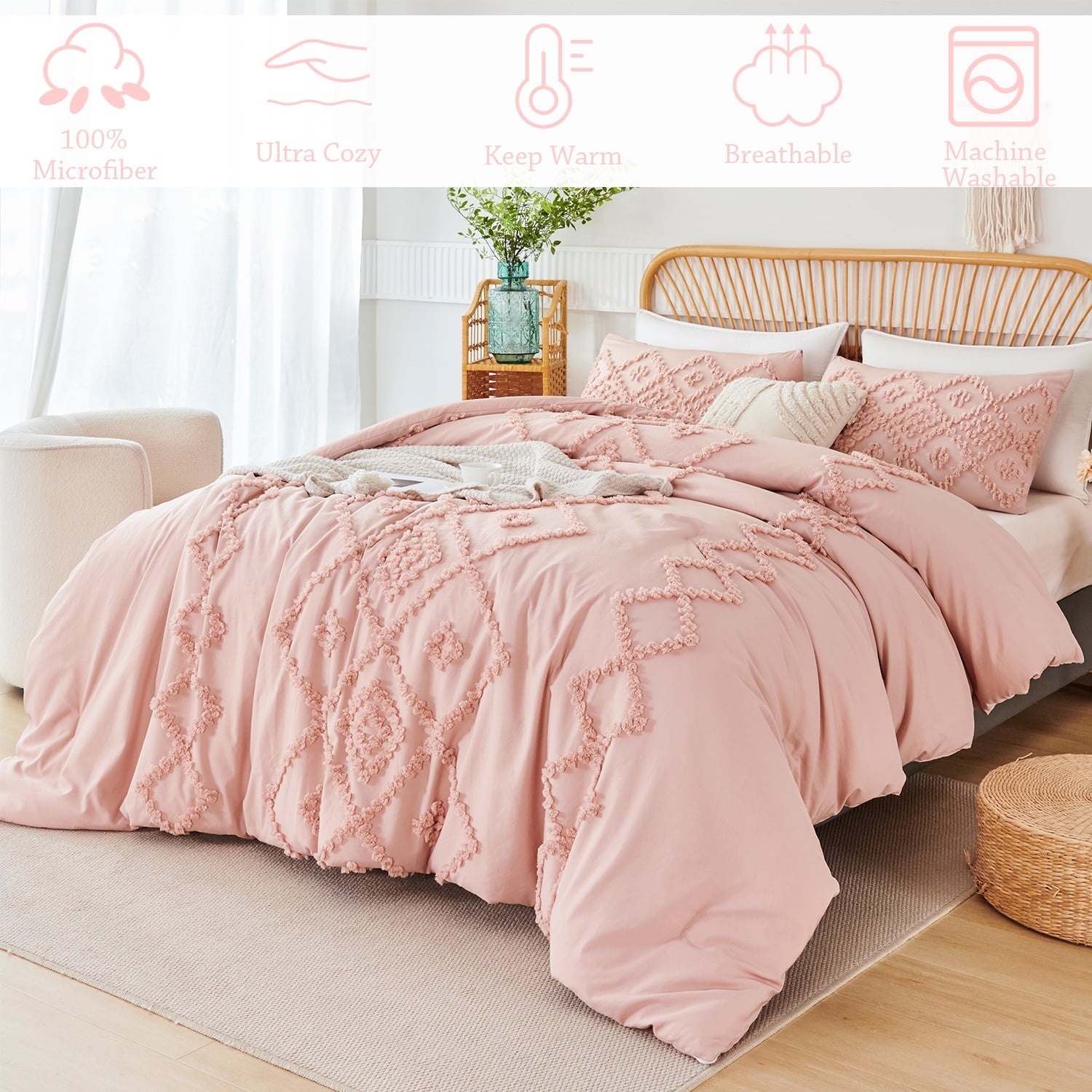Fluffy Down Alternative Pink Diamond Jacquard Comforter Set Queen 3 Pcs Bohemian Tufts Quilt Set for Kids Girls Adult 100% Soft Microfiber Be... - Luxurious Quilted Duvet Cover Set Detail