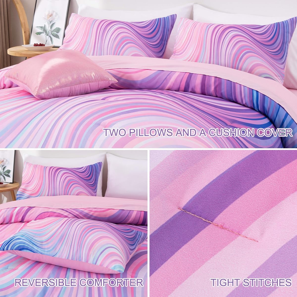 All-Season 6 Pieces Gradient Star Ring Comforter Set, Colorful Glitter Rainbow Wave Stripes Pattern Bedding Set for Boys Girls T... - Luxurious Quilted Duvet Cover Set Detail