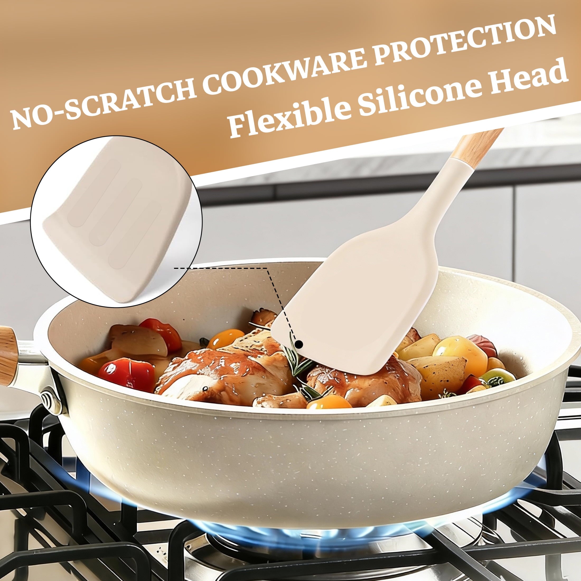 Non-Stick Safe 14-Piece Silicone Cooking Utensils Set, Non-Stick Kitchen Utensil Set for Baking, Flipping, Mixing, White - Durable Turner & Ladle Utensil Set for Home Chefs Detail