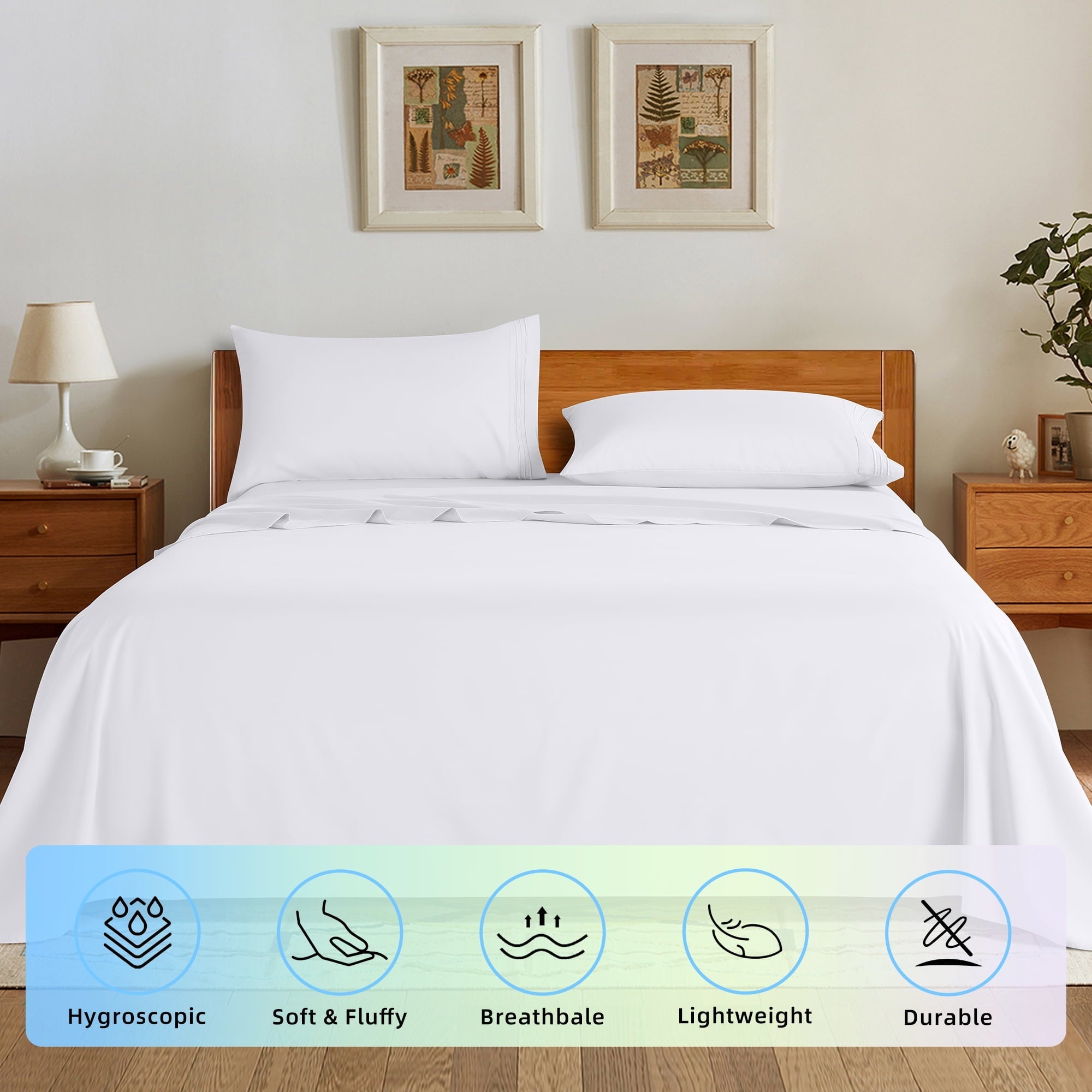 Wrinkle-Resistant Bed Sheets Set, Microfiber Deep Pocket 4 Pieces Luxury Soft Sheet Set, Queen, White - Cooling Hotel Quality Bedding Sheets and Pillowcases Detail