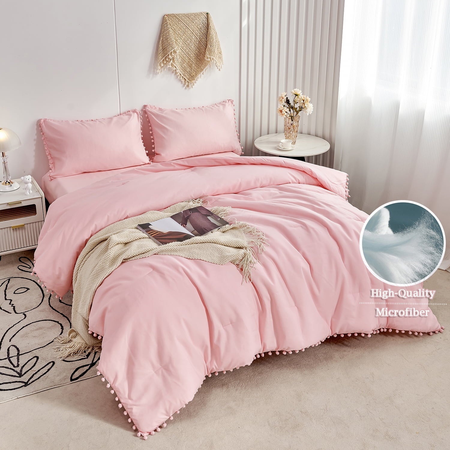 Hypoallergenic Cloud Pink Full Size Comforter Set Pom Fringe 3 Pcs Boho Chic Cute Ball Pom Blush Bedding Set Cali Soft Lightweight Solid B... - Cloud-Like Soft Lightweight Bed Comforter Detail