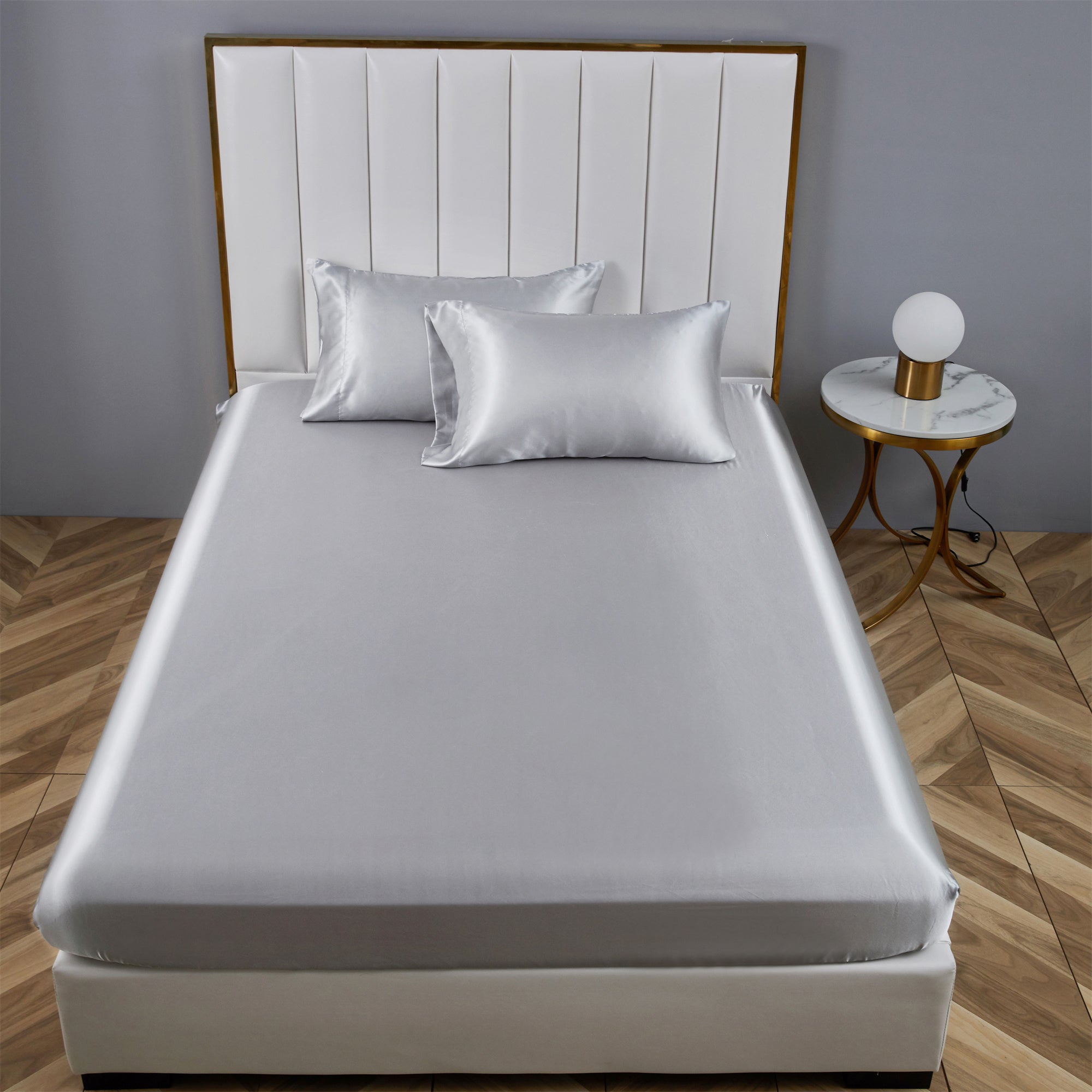 Wrinkle-Resistant Satin Fitted Sheet King Size 14 Inch Deep Pocket Bed Sheet Silk Sheet Ultra Soft Machine Washable, Light Gray - Breathable Egyptian Cotton Flat & Fitted Sheets Detail
