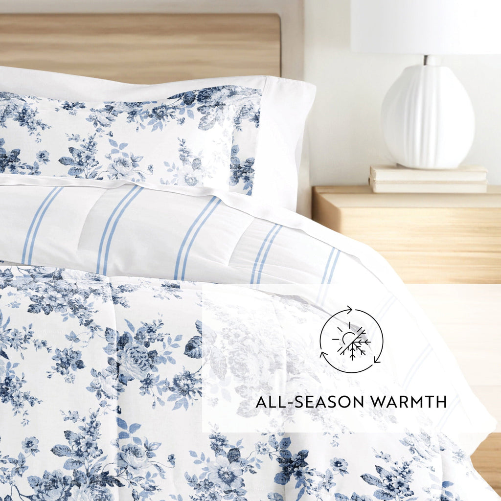 Fluffy Down Alternative Down Alternative Cabbage Rose Stripe Stone Reversible Comforter Set - Cloud-Like Soft Lightweight Bed Comforter Detail