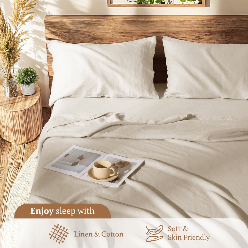 Wrinkle-Resistant Natural Linen Cotton Bed Sheets Set, Deep Pocket - Breathable - Durable - 4 Pieces (Linen, Queen) - Cooling Hotel Quality Bedding Sheets and Pillowcases Detail