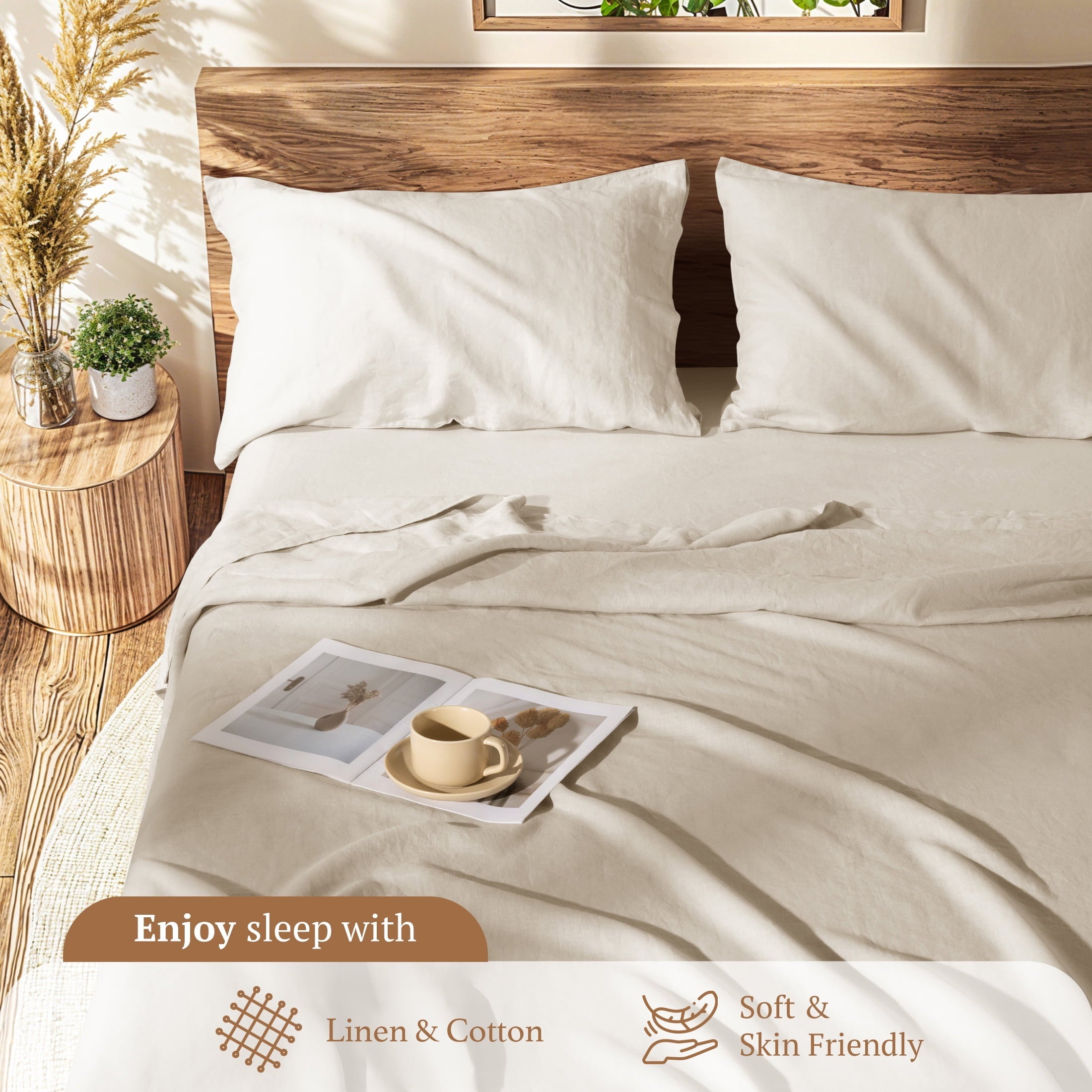 Wrinkle-Resistant Natural Linen Cotton Bed Sheets Set, Deep Pocket - Breathable - Durable - 4 Pieces (Linen, Queen) - Cooling Hotel Quality Bedding Sheets and Pillowcases Detail