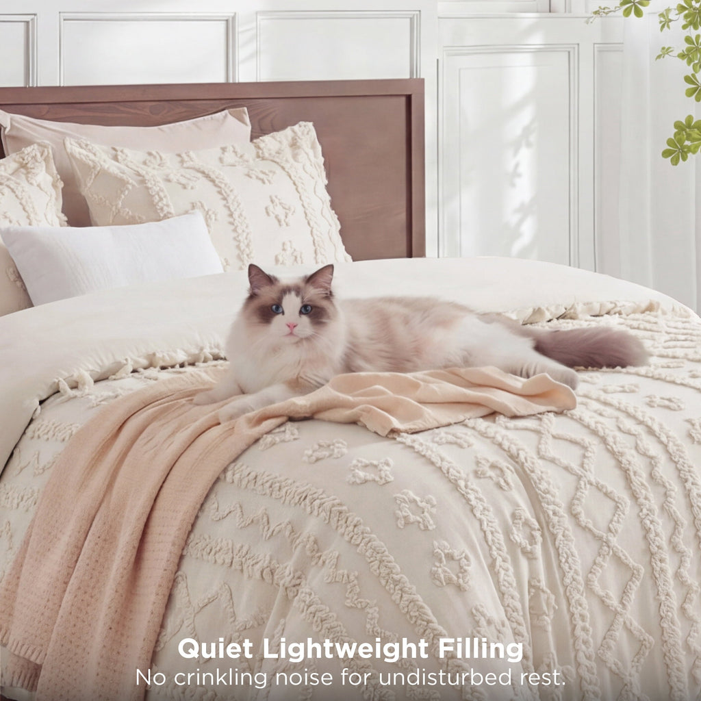 Hypoallergenic Cloud Tufted Boho Comforter Set Queen, Beige, 3 Pieces Farmhouse Shabby Chic Embroidery Bedding Set, Soft Jacquard Comforte... - Cloud-Like Soft Lightweight Bed Comforter Detail