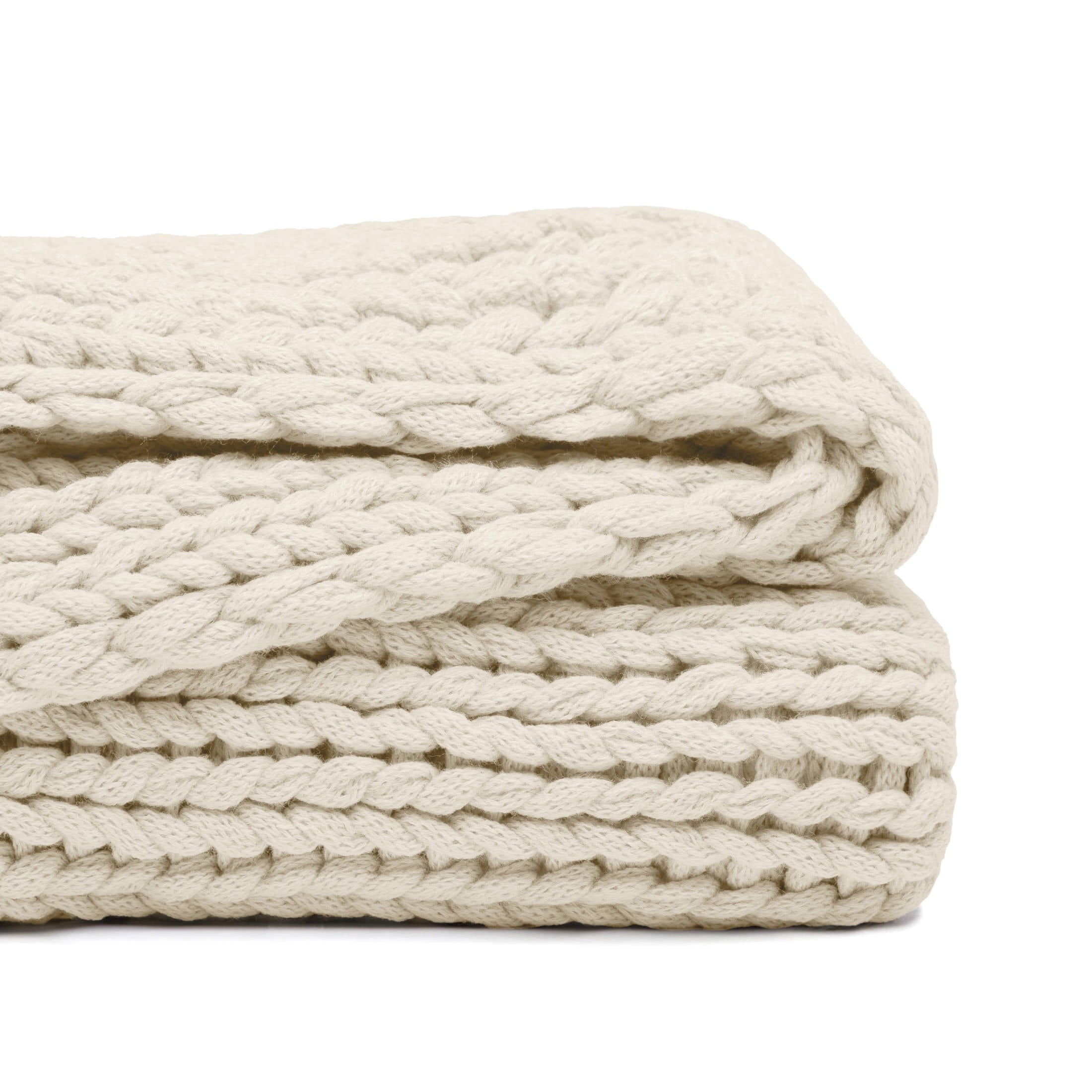 Super Soft Flannel Soft & Cozy Chunky Hand-Knit Throw Blanket, Ivory - Luxury Knitted Decorative Throw Blanket with Fringes Detail
