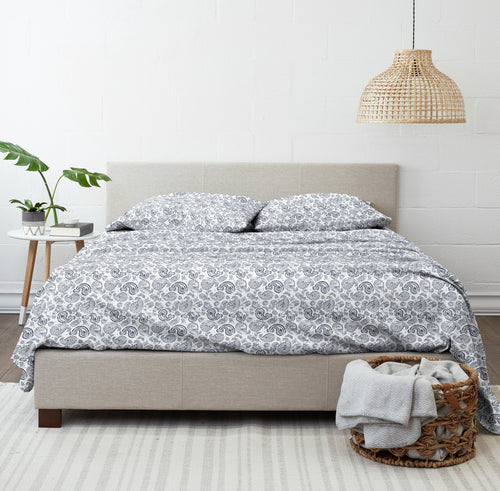 Breathable Luxury 4 Piece Pattern Microfiber Bed Sheets Set, Navy Coarse Paisley, Full - Cooling Hotel Quality Bedding Sheets and Pillowcases Detail