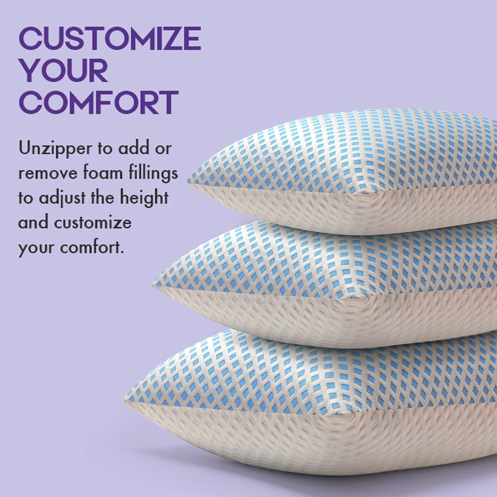 Ergonomic Memory Foam Cooling Pillows for Bed Sleeping Shredded Memory Foam Pillows Queen Size Set of 2 Pack 20 x 30 inches - Hotel Quality Plush Sleeping Pillows Detail