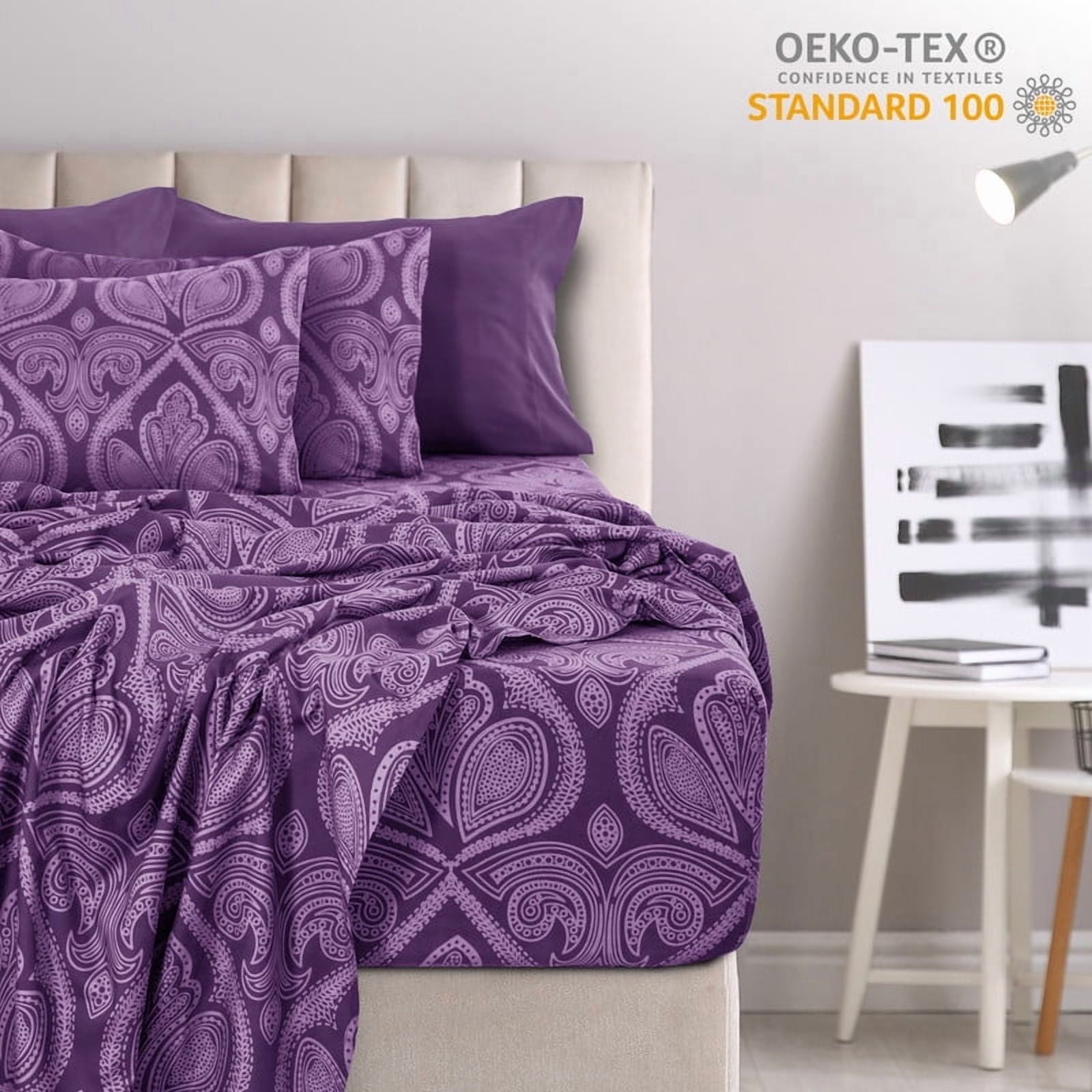 Wrinkle-Resistant Paisley Printed Queen Bed Sheets Set, Microfiber 6 Piece Bedding Set - Purple - Cooling Hotel Quality Bedding Sheets and Pillowcases Detail